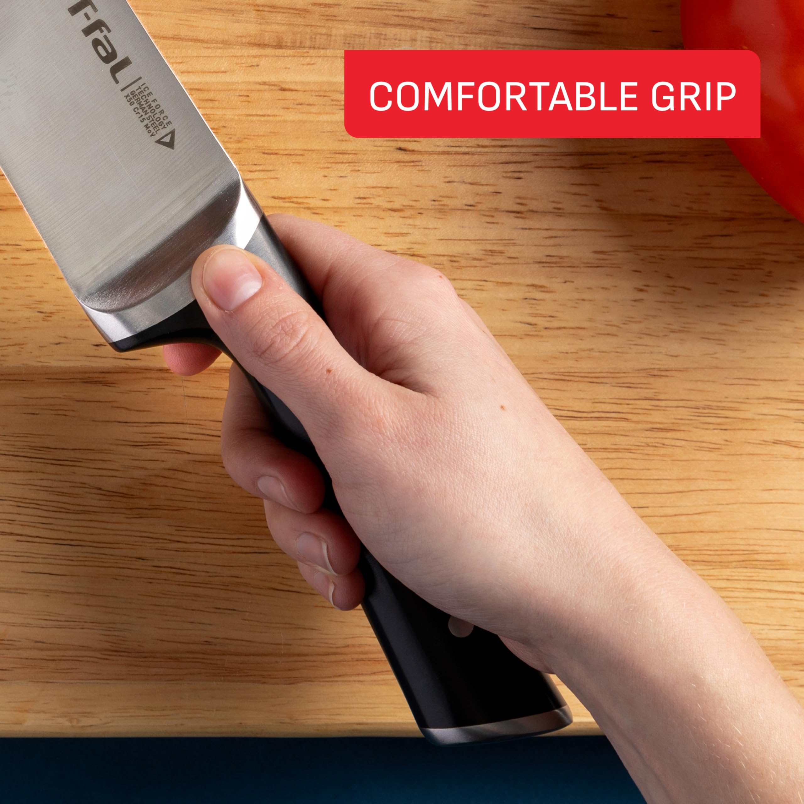 T-fal Ice Force German Stainless Steel 8-Piece Knife Set with Wood Block - Ultra Sharp Blades, High Precision Cutting, Durable Kitchen Knives for Professional Chefs & Home Cooking - Perfect for Chopping, Slicing, Dicing Meat, Vegetables & Fruits