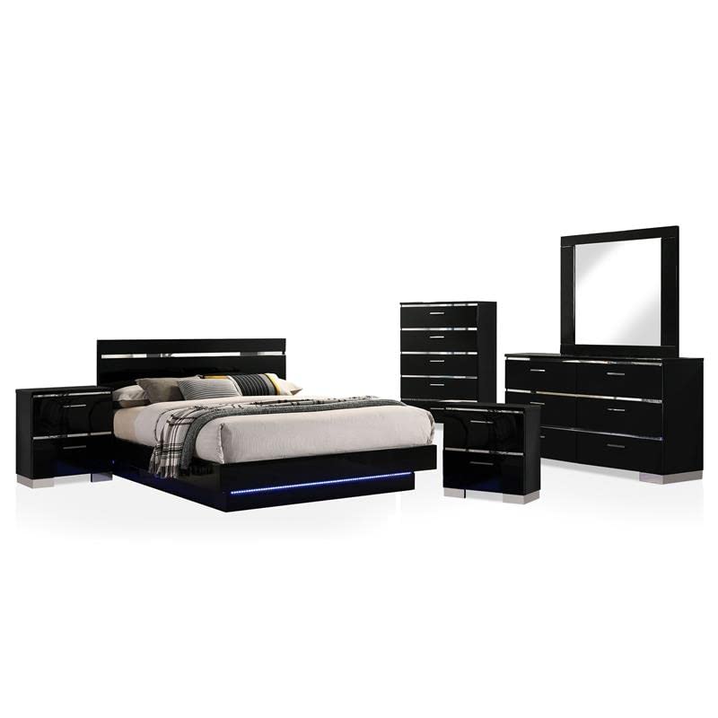 Furniture of America FOA Malva 6-Piece Black Wood Bedroom Set - California King Bed, 2 Nightstands, Chest, Dresser & Mirror | Modern Bedroom Furniture for Home Decor & Master Suite Upgrade