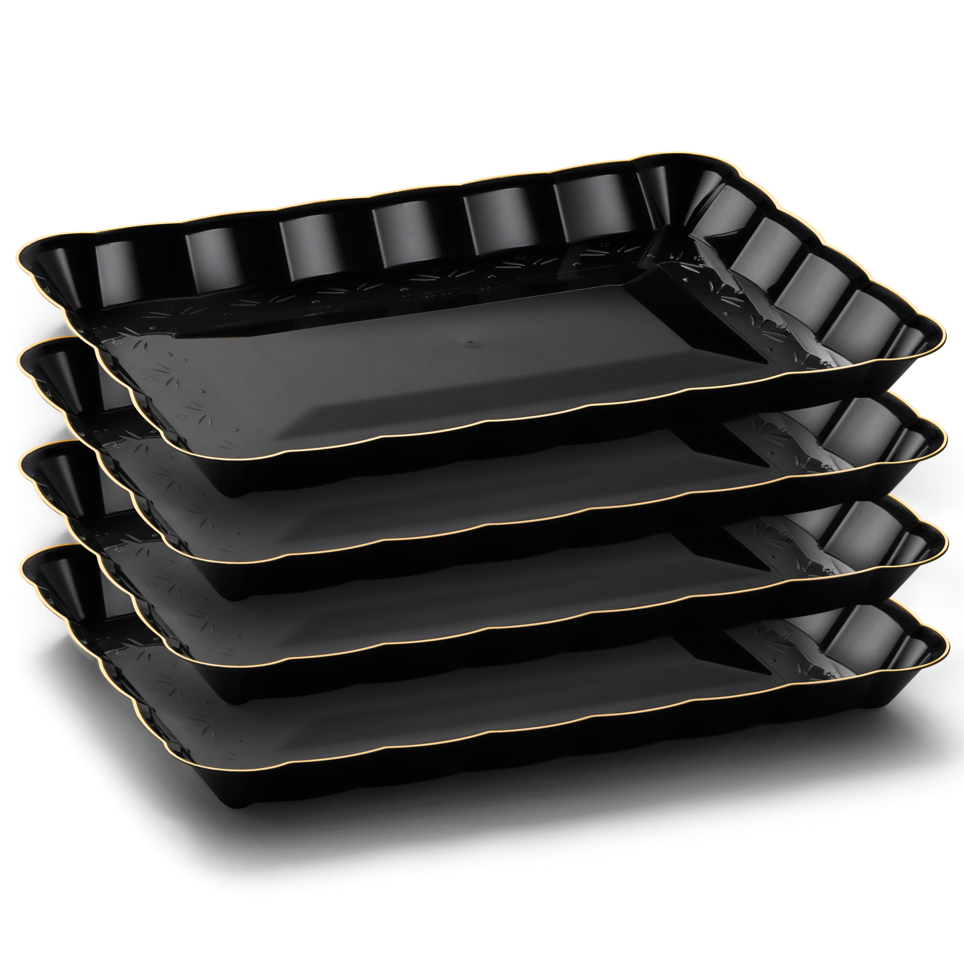 Elegant Scalloped Black and Gold Rectangular Serving Tray Set of 4 - Perfect for Entertaining, Dining, and Home Decor