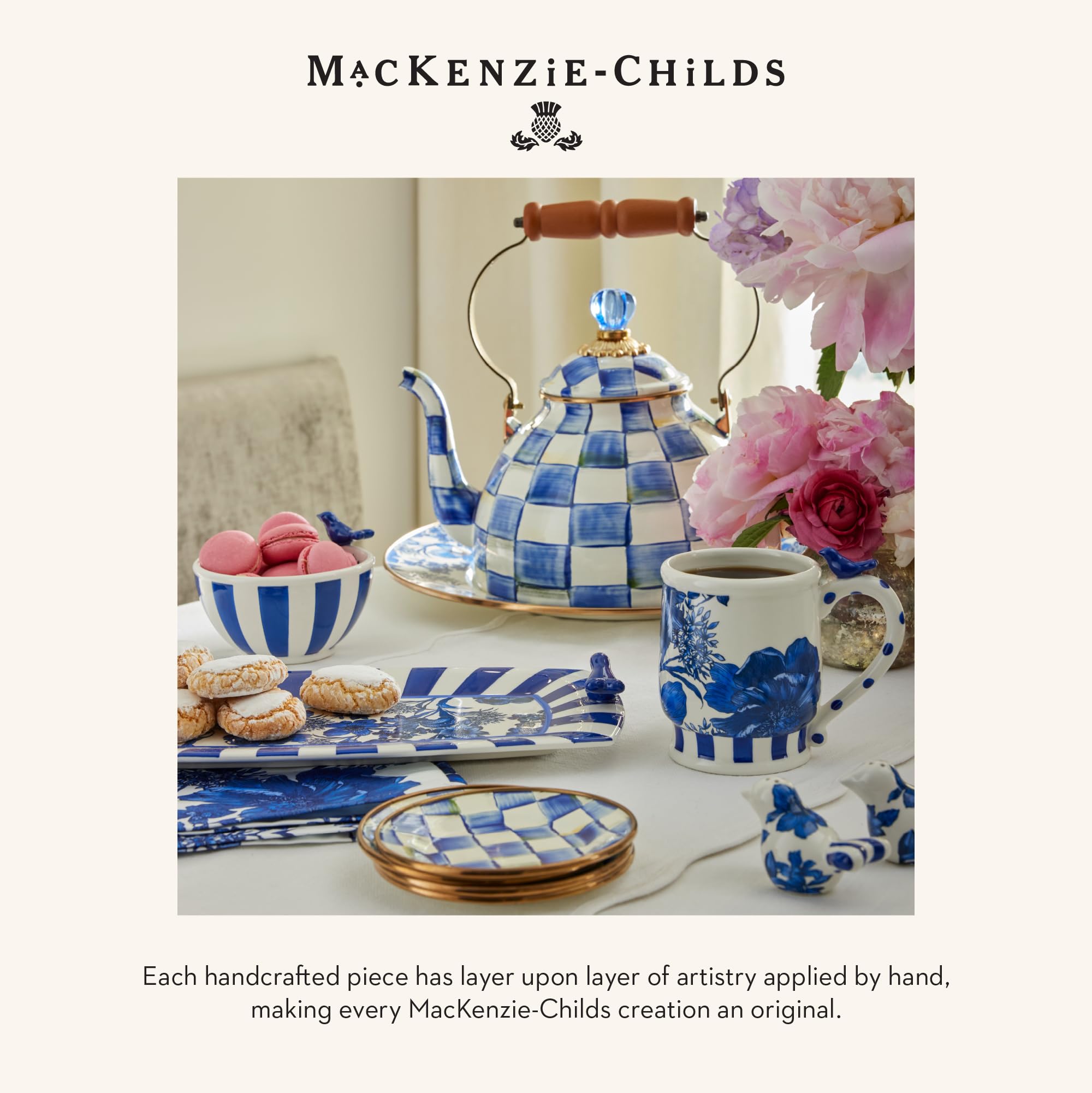 MACKENZIE-CHILDS 4-Piece Blue and White Royal Check Enamel Appetizer Plates Set - 5 Inch Mini Dessert Plates for Parties, Tea Time & Elegant Dining