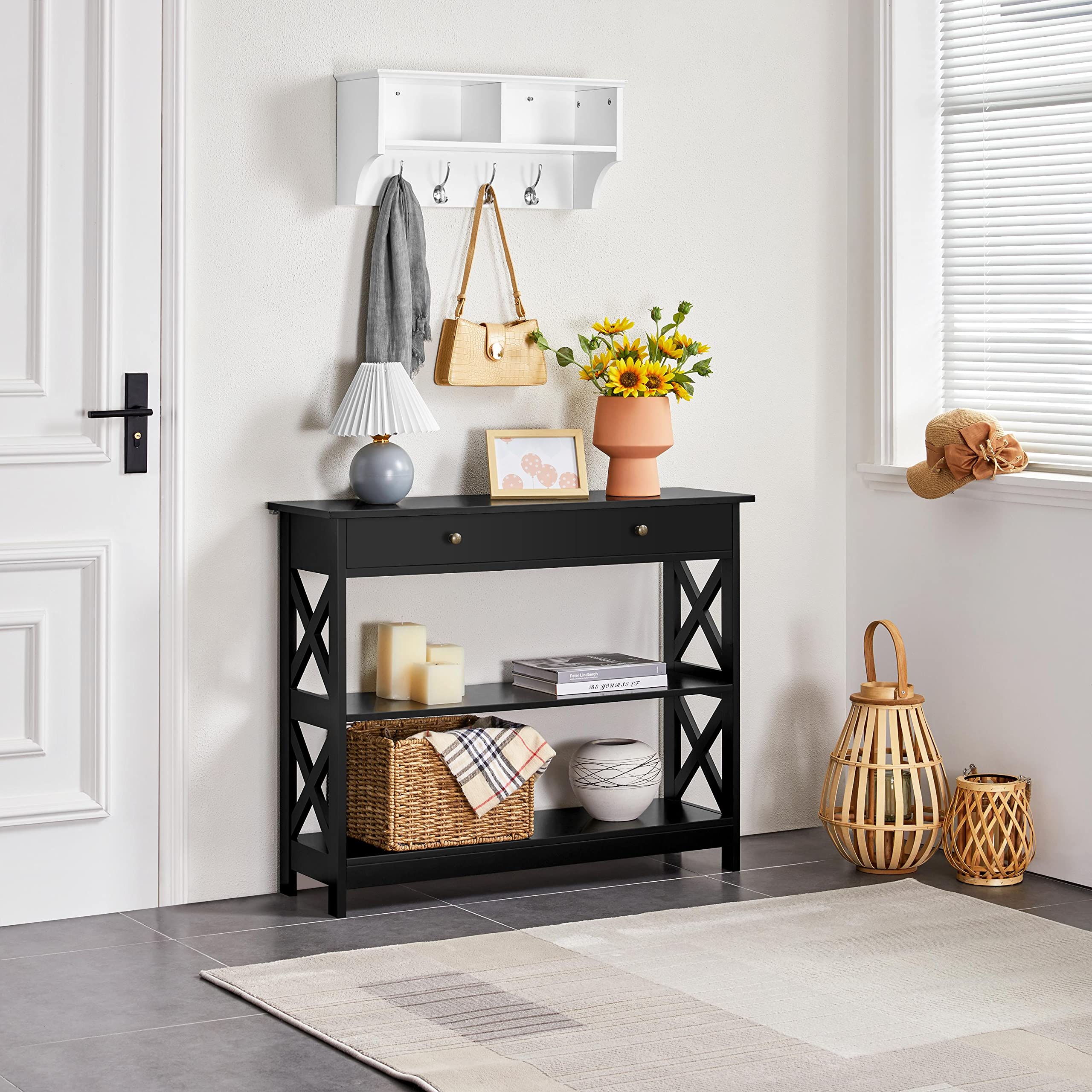 Topeakmart Narrow Console Table with 1 Drawer & 2 Open Shelves - X-Shaped Design Sofa Side Table for Entryway, Living Room, Bedroom - Black Accent Furniture for Small Spaces & Home Decor