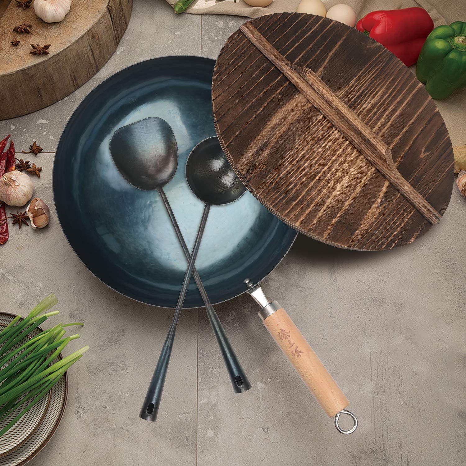ZhenSanHuan 14 Inch Traditional Chinese Cast Iron Wok Set with Wooden Handle & Lid - Round Bottom Carbon Steel Pan with Wok Stand & Utensils - Perfect for Stir Fry, Deep Frying & Asian Cooking