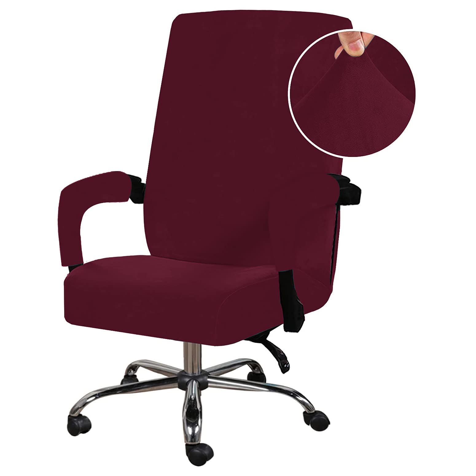 Stretchable Velvet Office Chair Cover - Removable & Washable Universal Elastic Slipcover for Computer, High Back & Rotating Chairs - Modern Simplism Design (Red Wine, Large) - Perfect for Home Office, Gaming & Workspace Decor