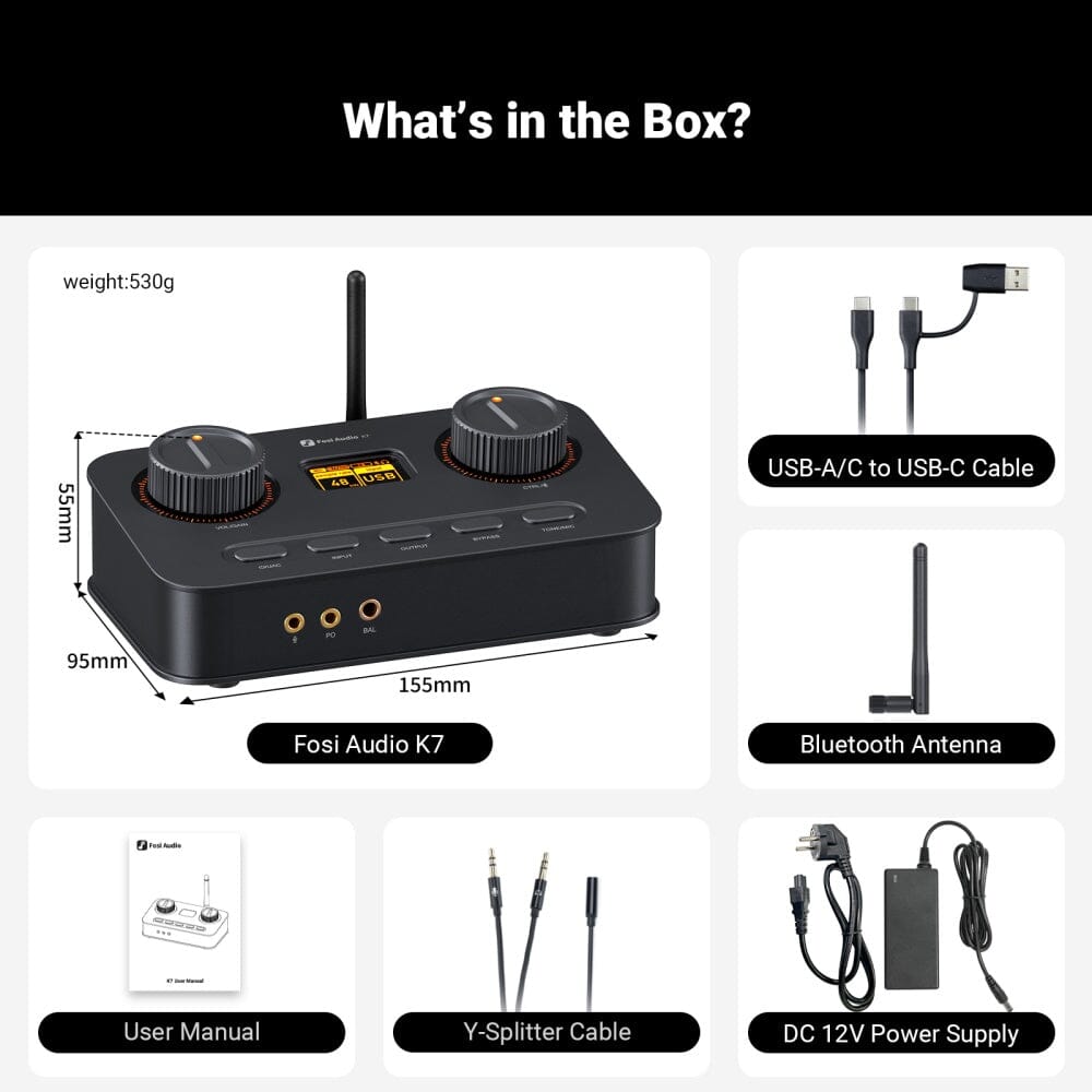 Fosi Audio K7 HiFi DAC & Headphone Amplifier - High Resolution Digital Analog Converter with 3.5mm/6.35mm Output for Audiophiles - Perfect for Home Studio, Gaming & Music Listening