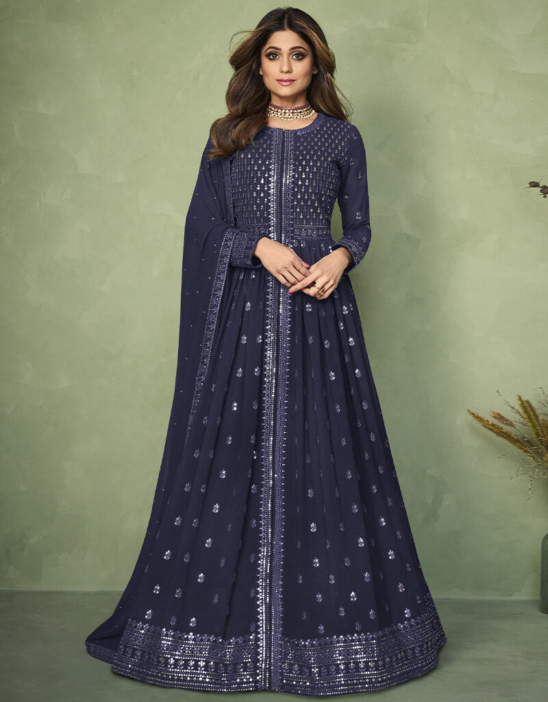 Elegant Blue Anarkali Style Dress - Faux Georgette Fabric for Women | Perfect for Weddings, Parties & Festive Occasions