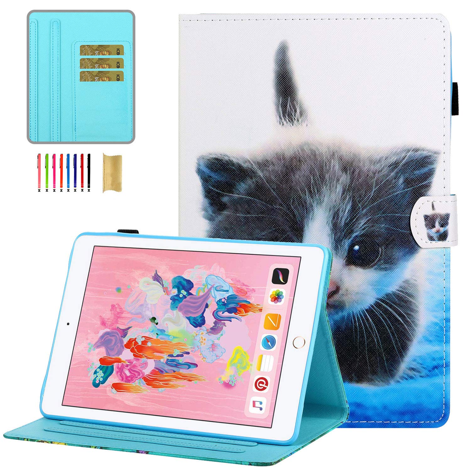 iPad 6th/5th Generation Case, iPad Air 2/1 Case - Auto Wake/Sleep Multi-Angle Folio Stand Cover for iPad A1893/A1954/A1822/A1823 | Cute Kitten Design | Perfect for Work, Study & Travel