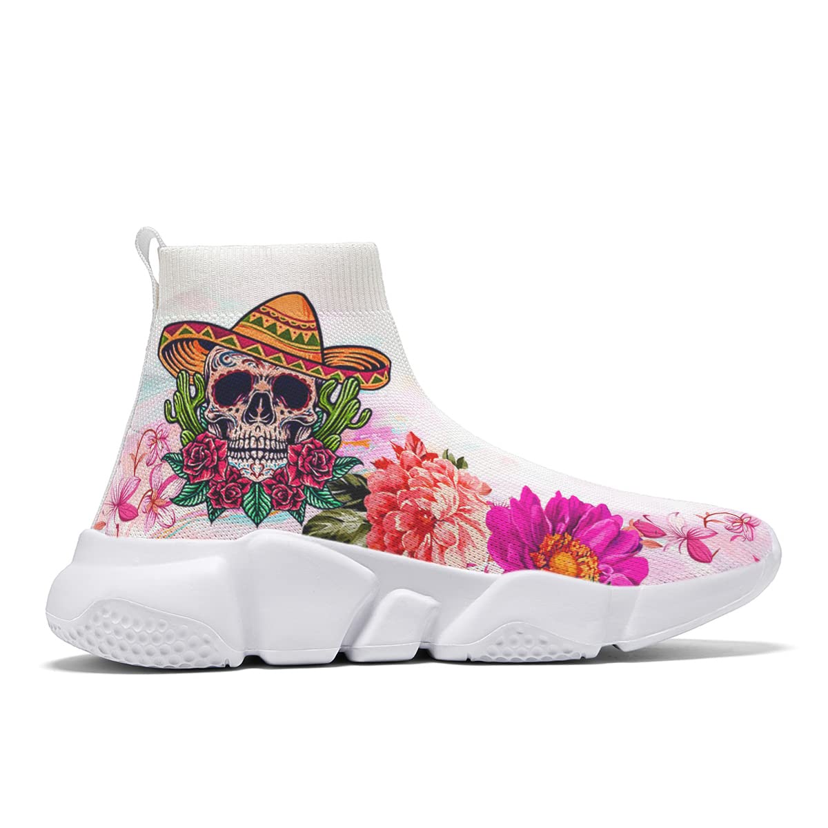 Hetios Women's Skull Print Slip-On Sneakers - Breathable Knit Running Shoes for Walking, Jogging & Casual Wear | Trendy White Athletic Shoes for Women | Perfect for Gym, Workout & Street Style Fashion