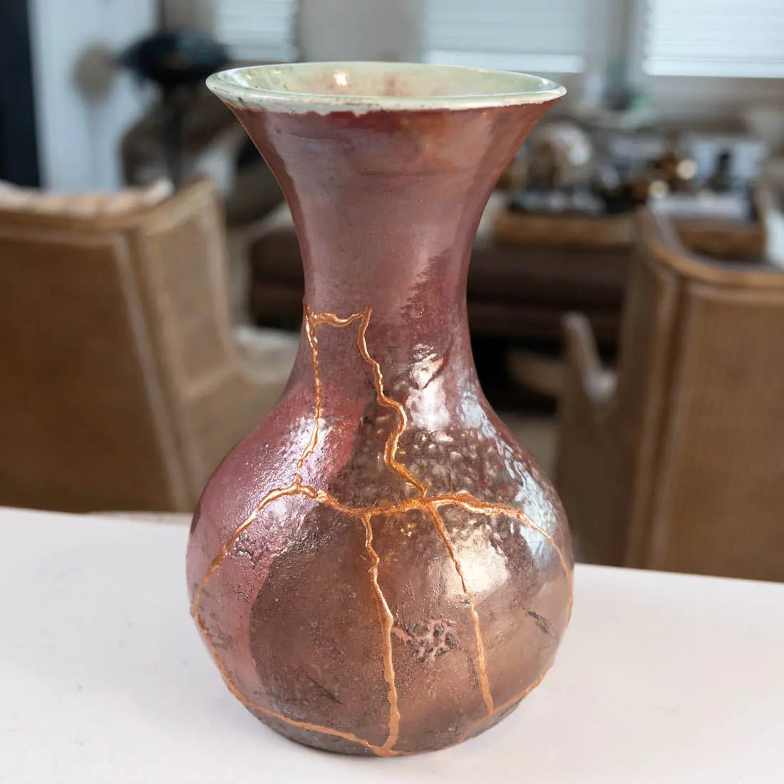 #54 XXL KINTSUGI Raku Decorative Pot/Vase - Handcrafted Copper & Seafoam Glaze Ceramic Planter - Japanese Art Inspired Home Decor for Living Room, Office & Garden