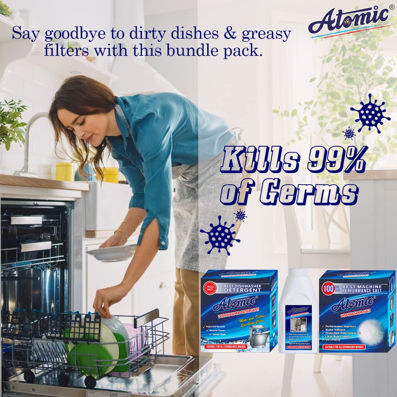 ATOMIC Dishwasher Starter Combo - 900GM Detergent, 900GM Salt & 400ML Rinse Aid | Complete Dishwashing Solution for Sparkling Clean Dishes | Perfect for Home Kitchens & Restaurants