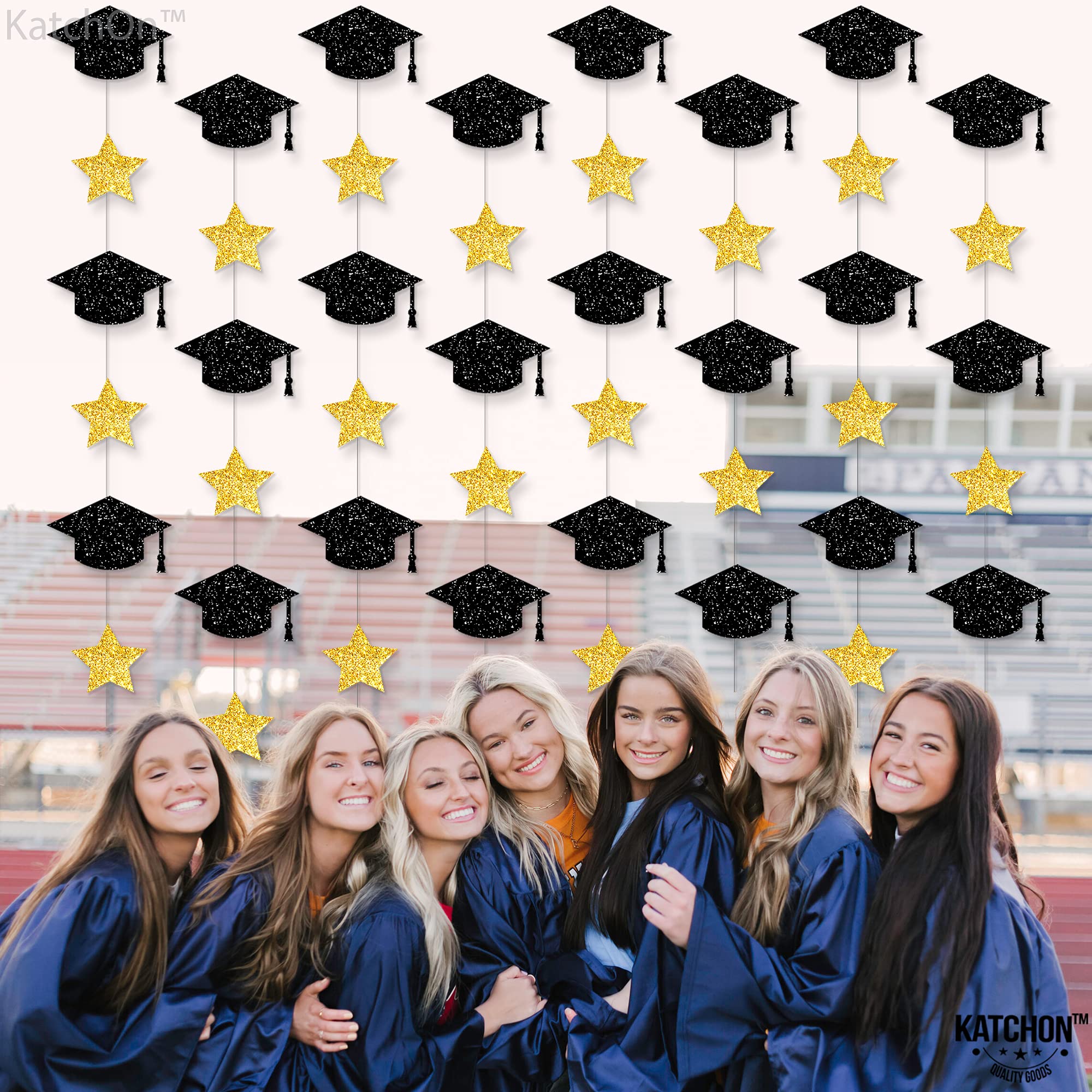 KatchOn 10 Feet Glitter Graduation Cap Garland - 8 String Black & Gold Graduation Decor 2025 | No DIY Graduation Party Supplies | Perfect for Graduation Ceremony Decorations, Photo Backdrops & College Grad Celebrations