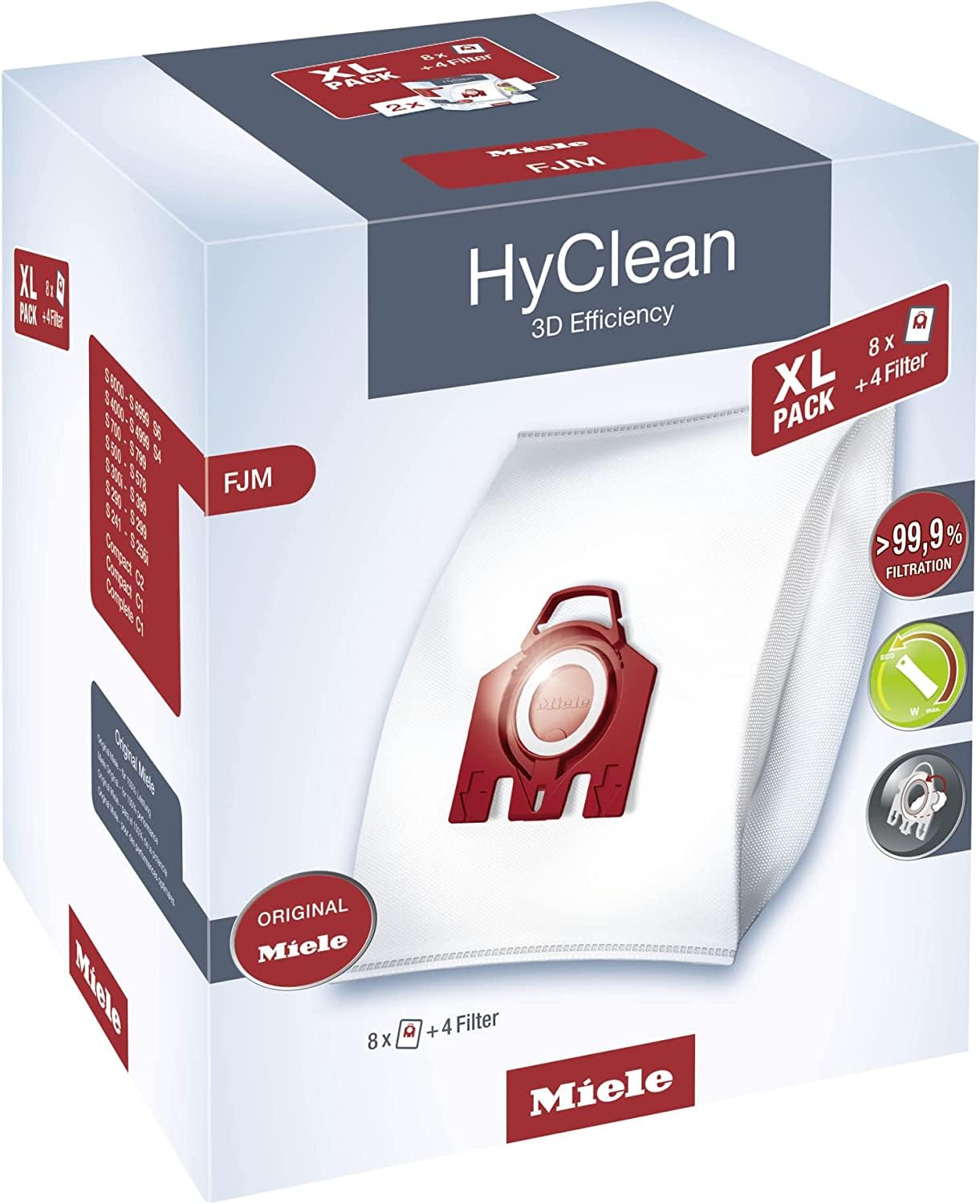 Miele Original AirClean 3D Efficiency FJM XL-Pack Vacuum Cleaner Bags - 8 Bags & 4 Filters for Miele C1, C2, S4, S6 Series | Premium Dust Collection | Ideal for Pet Hair, Allergies & Deep Cleaning