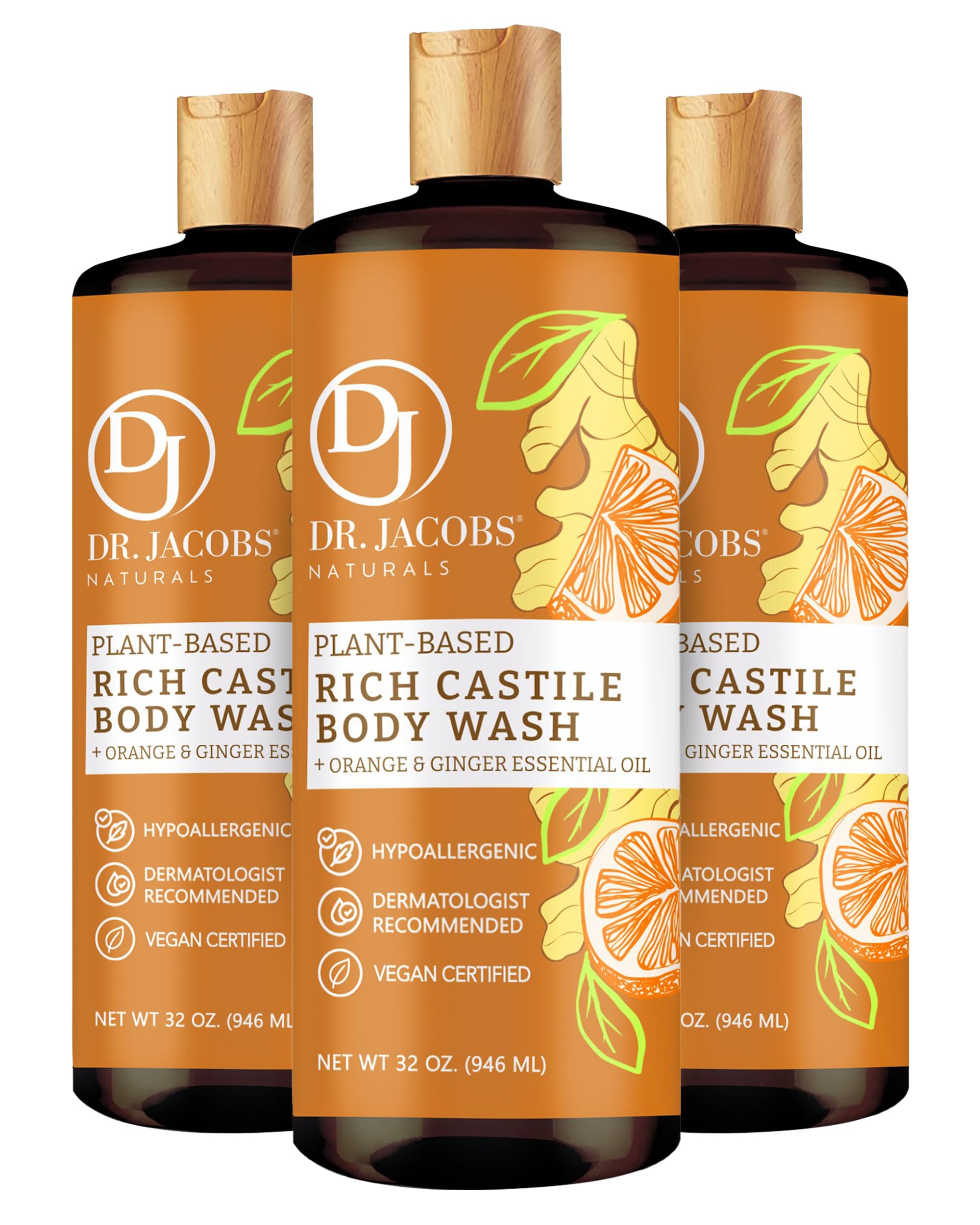 DR. JACOBS NATURALS Castile Orange & Ginger All-Natural Body Wash & Shampoo - Moisturizing for Dry & Sensitive Skin, Plant-Based Ingredients, Gluten-Free, Preservative-Free - 32 oz (Pack of 3) | Gentle Cleansing for Daily Shower & Hair Care