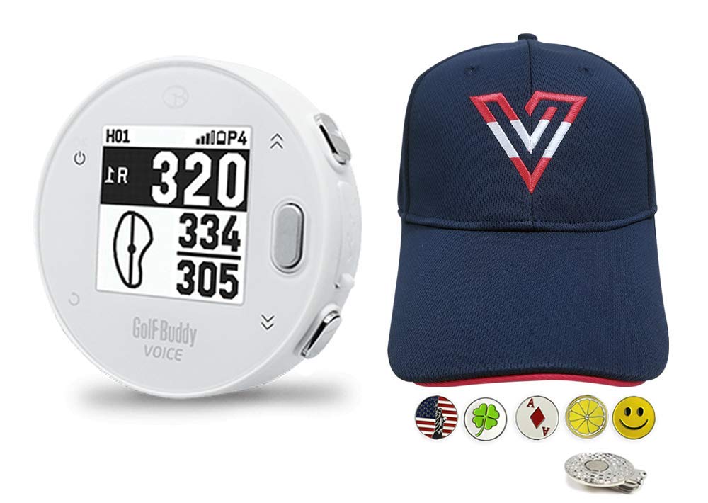 GolfBuddy Voice X Golf GPS Rangefinder Bundle with Adjustable Volvik V-Logo Navy Golf Hat, 5 Ball Markers & Hat Clip - Bluetooth Wireless Talking GPS for Accurate Distance Measurement - Perfect for Golfers, Tournaments & Practice Rounds