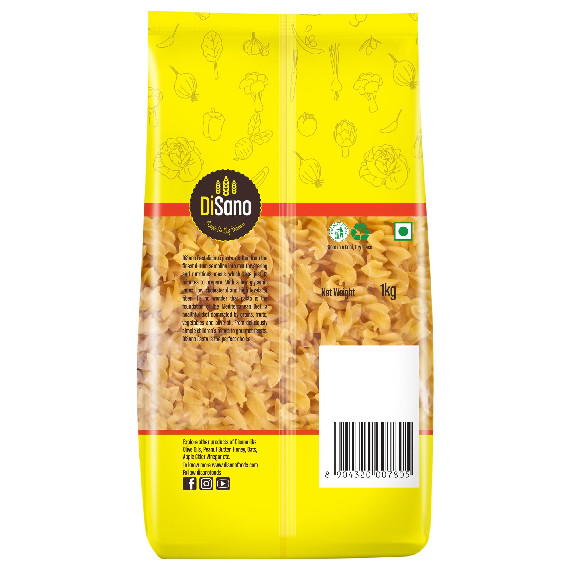 DISANO Fusilli Pasta 1kg - 100% Durum Wheat Pasta, High Protein & Fiber, No Maida - Perfect for Italian Dishes, Meal Prep & Healthy Eating