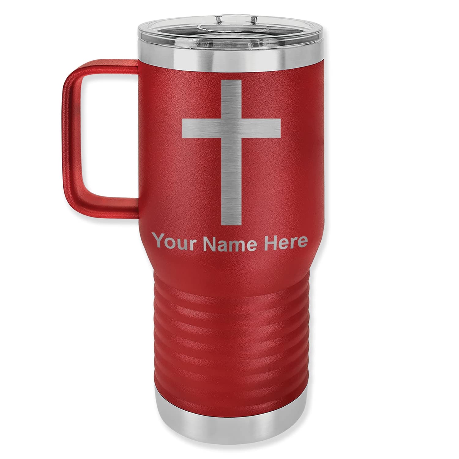 **20oz Vacuum Insulated Travel Mug with Handle - Personalized Christian Cross Engraving - Keeps Drinks Hot/Cold for Hours - Perfect for Commuting, Work & Outdoor Adventures (Maroon)**