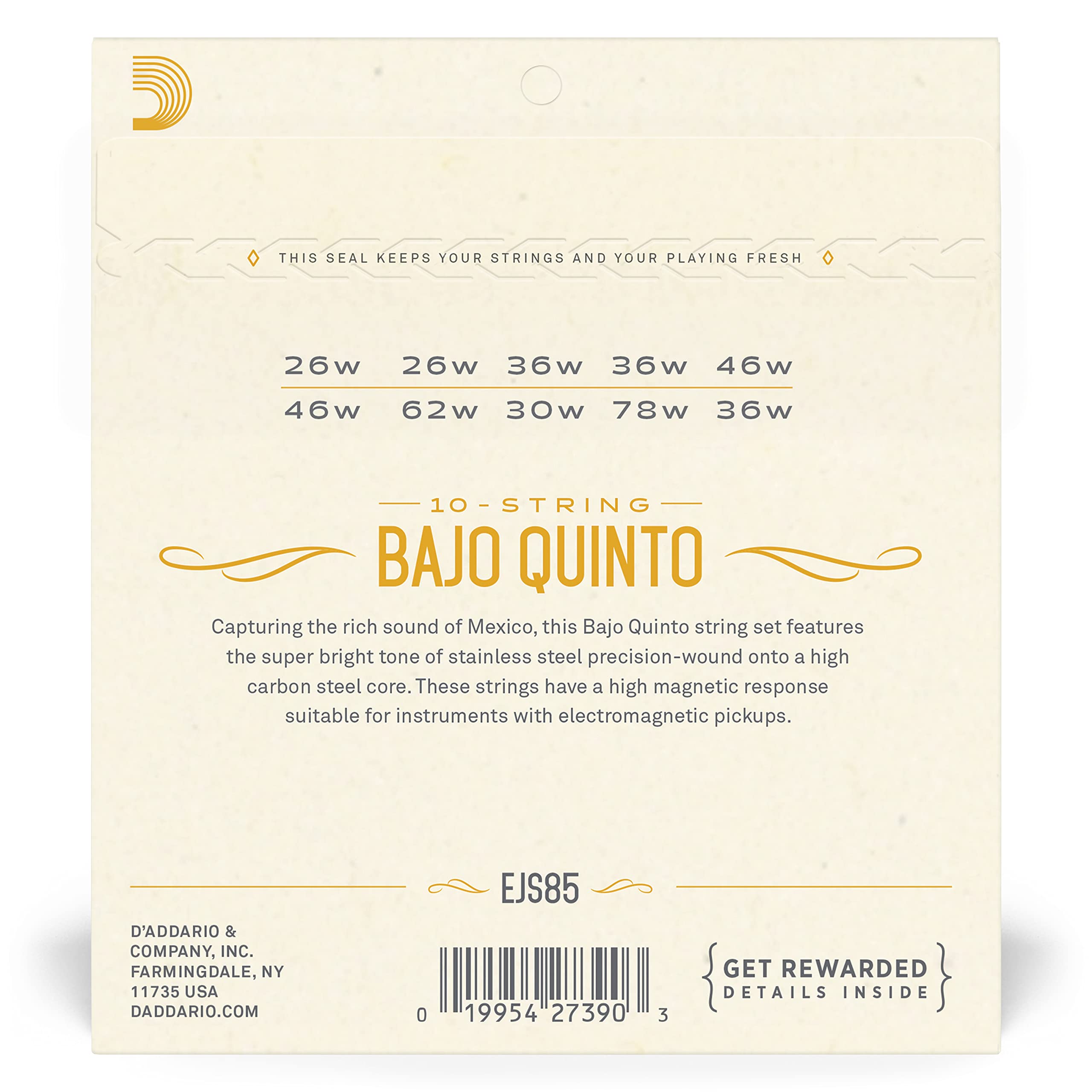 D'Addario EJS85 Bajo Quinto Stainless Steel Guitar Strings - Premium Strings for Bajo Quinto & Mexican Folk Music - Perfect for Performances & Recording
