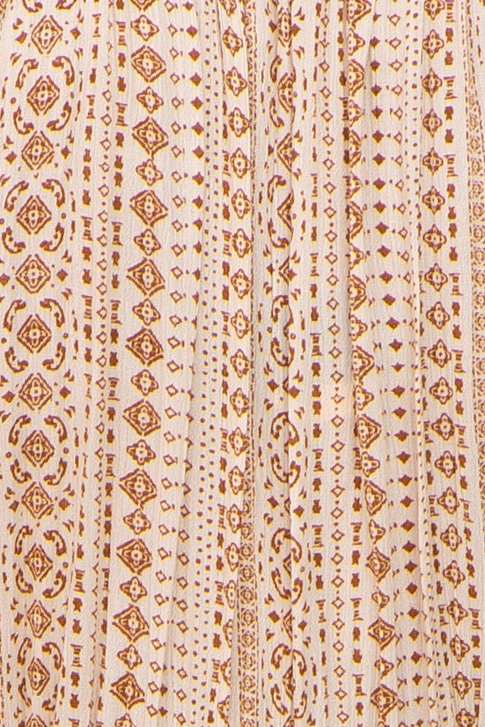 Beige Printed V-Neck Long Sleeve Dress for Women - Flowy Boho Maxi Dress with Pockets | Perfect for Casual Outings, Beach Vacations & Date Nights