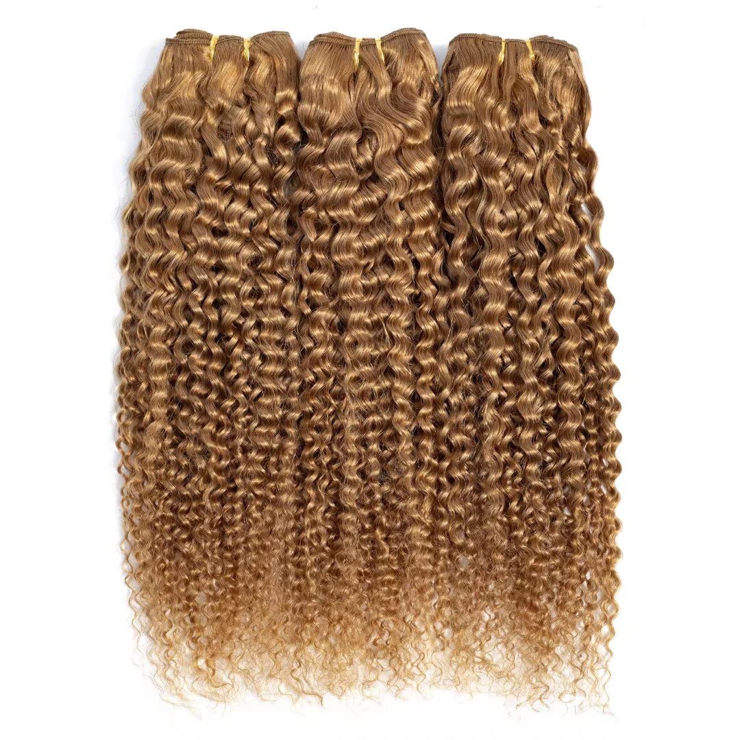 FEEL ME 18 20 22 Inch Brazilian Curly Human Hair Bundles - 27 Honey Blonde Unprocessed Virgin Hair Weave (3 Bundles) 8A Mink Kinky Curly Extensions for Natural Look & Styling | Perfect for Daily Wear, Parties & Special Occasions