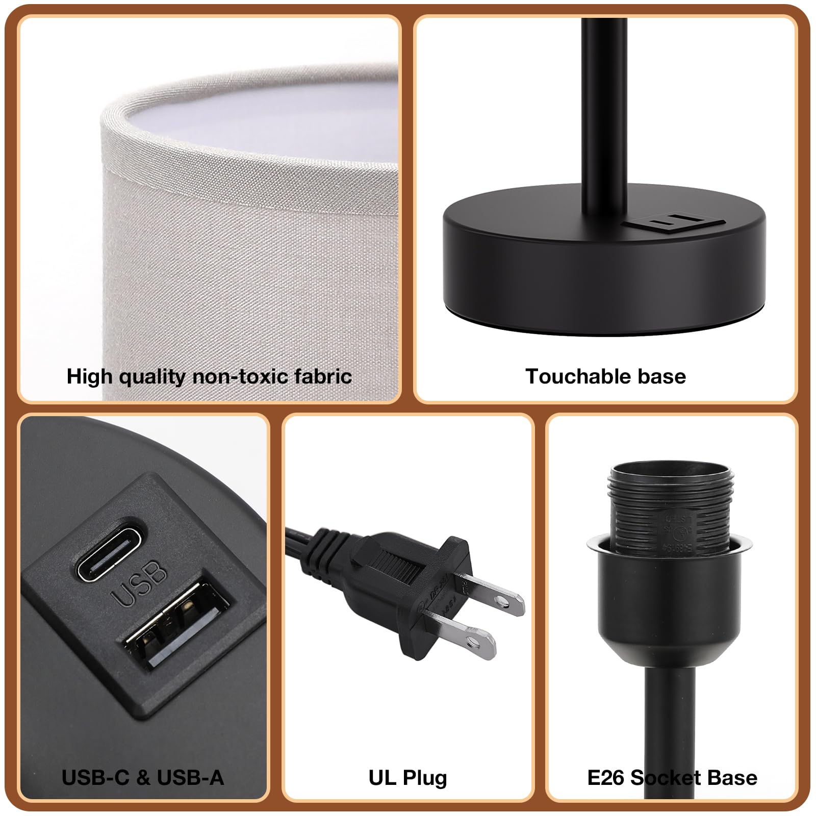 Grey 3-Way Dimmable Touch Bedside Lamp with USB Charging Station - Adjustable Nightstand Table Lamp for Bedroom, Desk, Dorm, Office, Kids Room, Perfect for Reading, Studying, and Relaxing