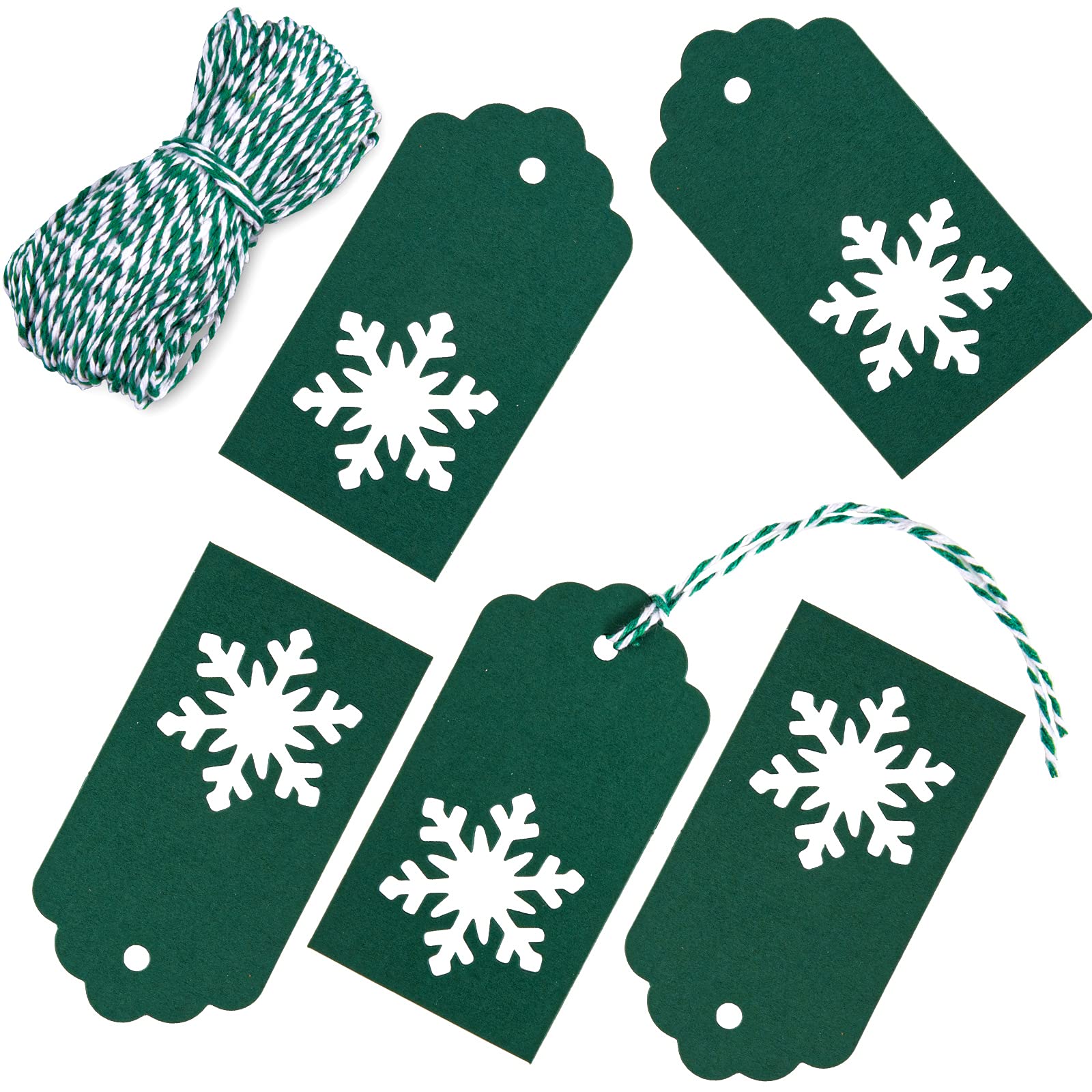 Whaline 100 Pcs Christmas Gift Tags - Snowflake Shaped Kraft Paper Tags with 30M Twine for DIY Crafts, Holiday Decorations, Wedding & Thanksgiving (Green) - Perfect for Gift Wrapping, Scrapbooking & Party Favors