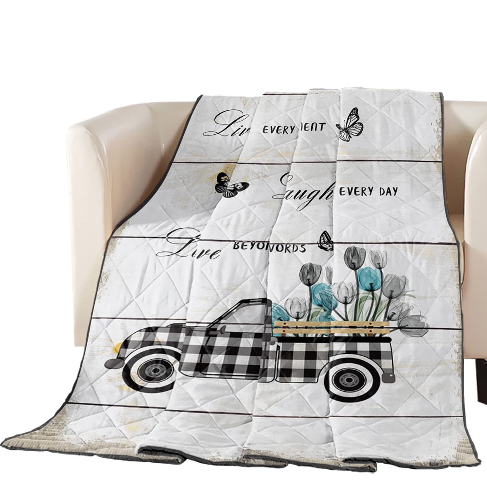 Reversible Down Alternative Comforter - Lightweight All Seasons Quilted Bedding with Vintage Wood Grain & Tulips Design - Soft Duvet Insert for Bedroom, Sofa, or Couch - Perfect for Cozy Nights, Guest Rooms, and Relaxing on the Couch