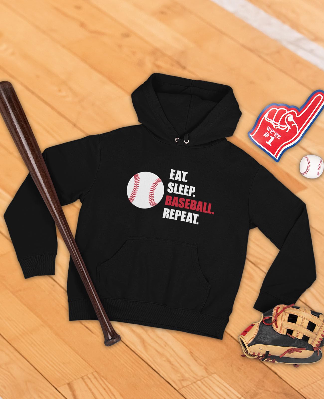 Tstars Eat Sleep Baseball Repeat Hoodie - Men's Baseball Fan Gifts, Soft Cotton Sweatshirt for Game Day & Casual Wear