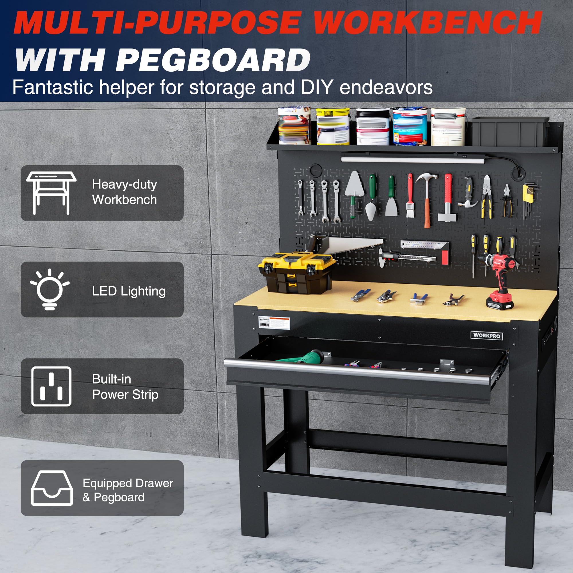 WORKPRO 45-Inch Heavy-Duty Garage Workbench with Storage, Pegboard, Power Outlets & LED Light - 800 lbs Capacity Work Table for DIY, Woodworking, Home Workshop & Garage Organization