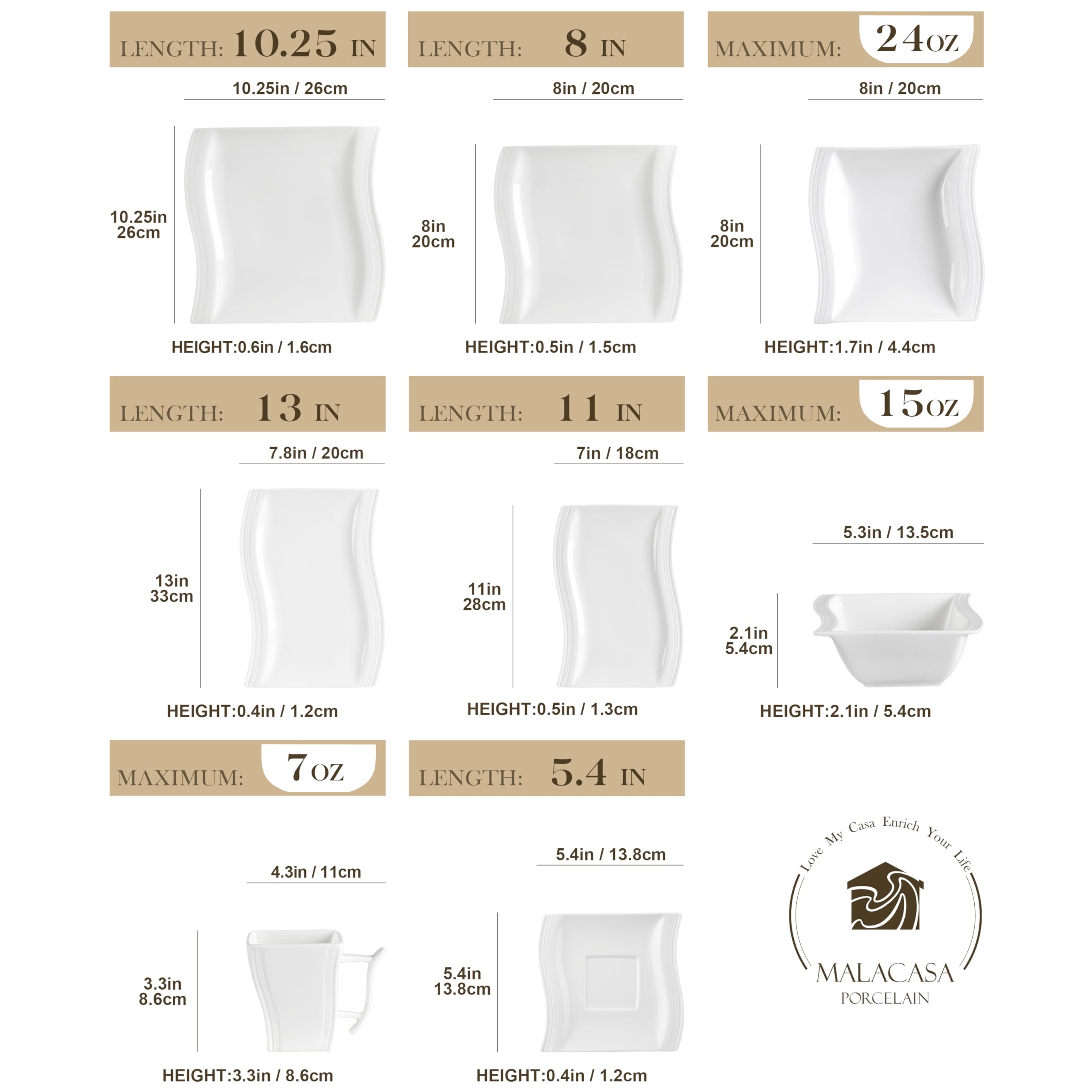 MALACASA 56-Piece Ivory White Porcelain Dinnerware Set - Modern Square Plates, Bowls, Serving Platters, Cups & Saucers - Flora Collection | Elegant Table Setting for Dinner Parties, Weddings & Home Decor