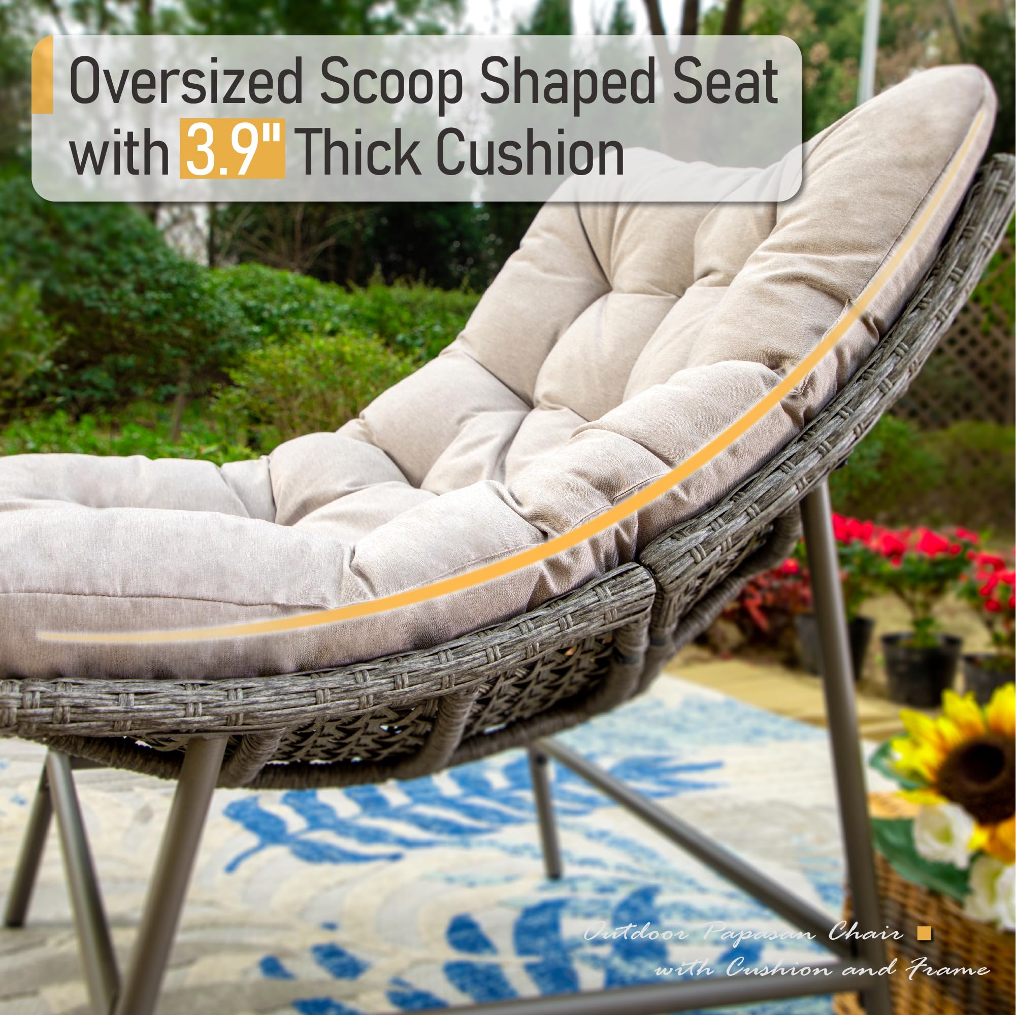 Sophia & William Outdoor Papasan Chairs Set of 2 - Rattan Club Scoop Lounge Chairs with 3.9