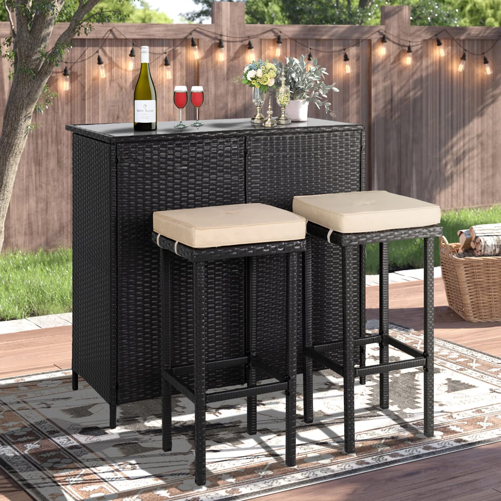 Crownland 3-Piece Wicker Patio Bar Set with 2 Stools & Glass Top Table - Brown Outdoor Bistro Furniture for Deck, Lawn, Backyard, Garden, Poolside & Balcony
