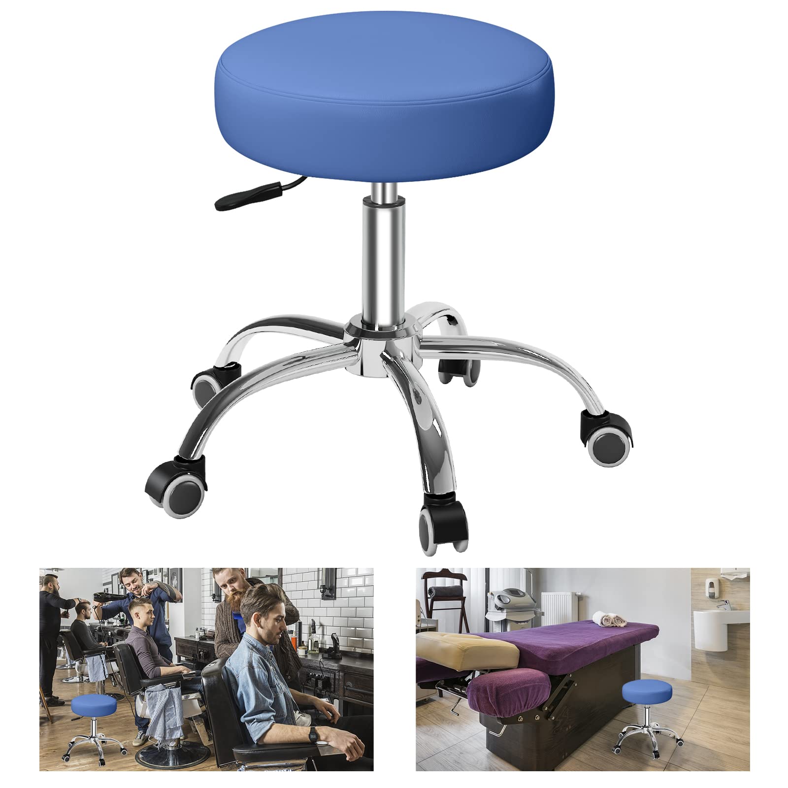 Heavy Duty Rolling Stool with Wheels - Adjustable 360° Swivel Leather Stool for Tattoo, Massage, Salon, Spa, Nail & Drafting - Thick Padded Seat (Blue) - Perfect for Tattoo Artists, Massage Therapists & Beauty Professionals