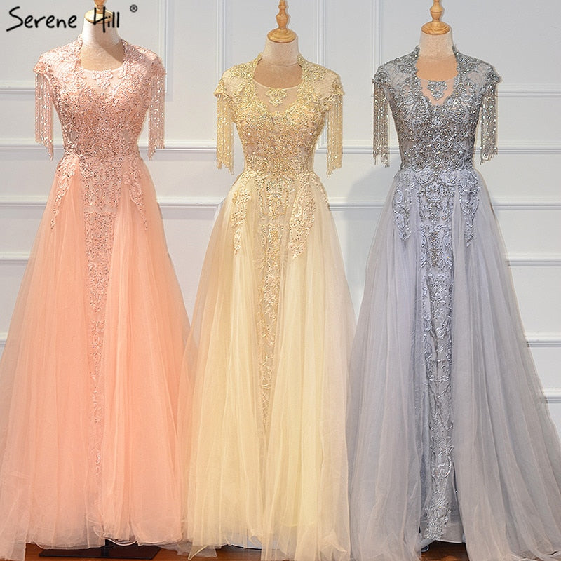 Elegant Grey Luxury Mermaid Evening Gown with Train & Cap Sleeves Beading for Women - Perfect for Prom, Gala & Formal Parties 2025