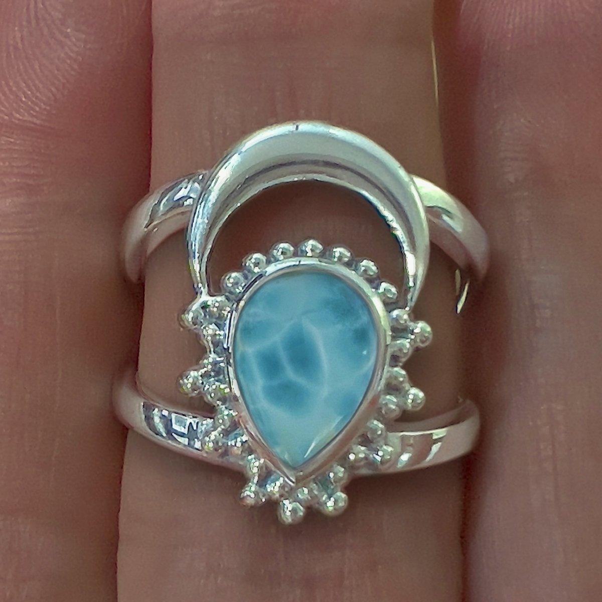 Boho Moon Larimar Ring for Women - Handmade Sterling Silver Adjustable Hippie Jewelry - Perfect for Festivals, Beach Parties & Boho Fashion