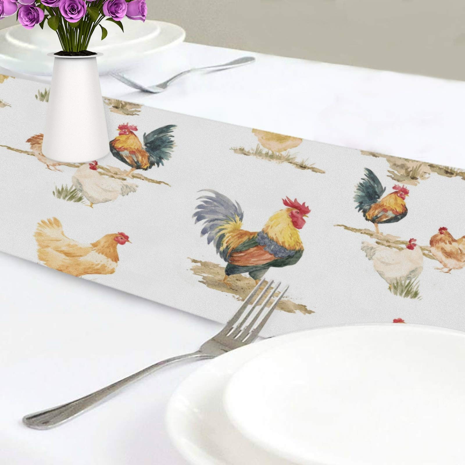 Double Sided Chicken Rooster Hen Table Runner - 13x70 Inch Washable Polyester Tablecloth for Farmhouse Kitchen, Dining Room Decor, Country Themed Parties & Holiday Gatherings