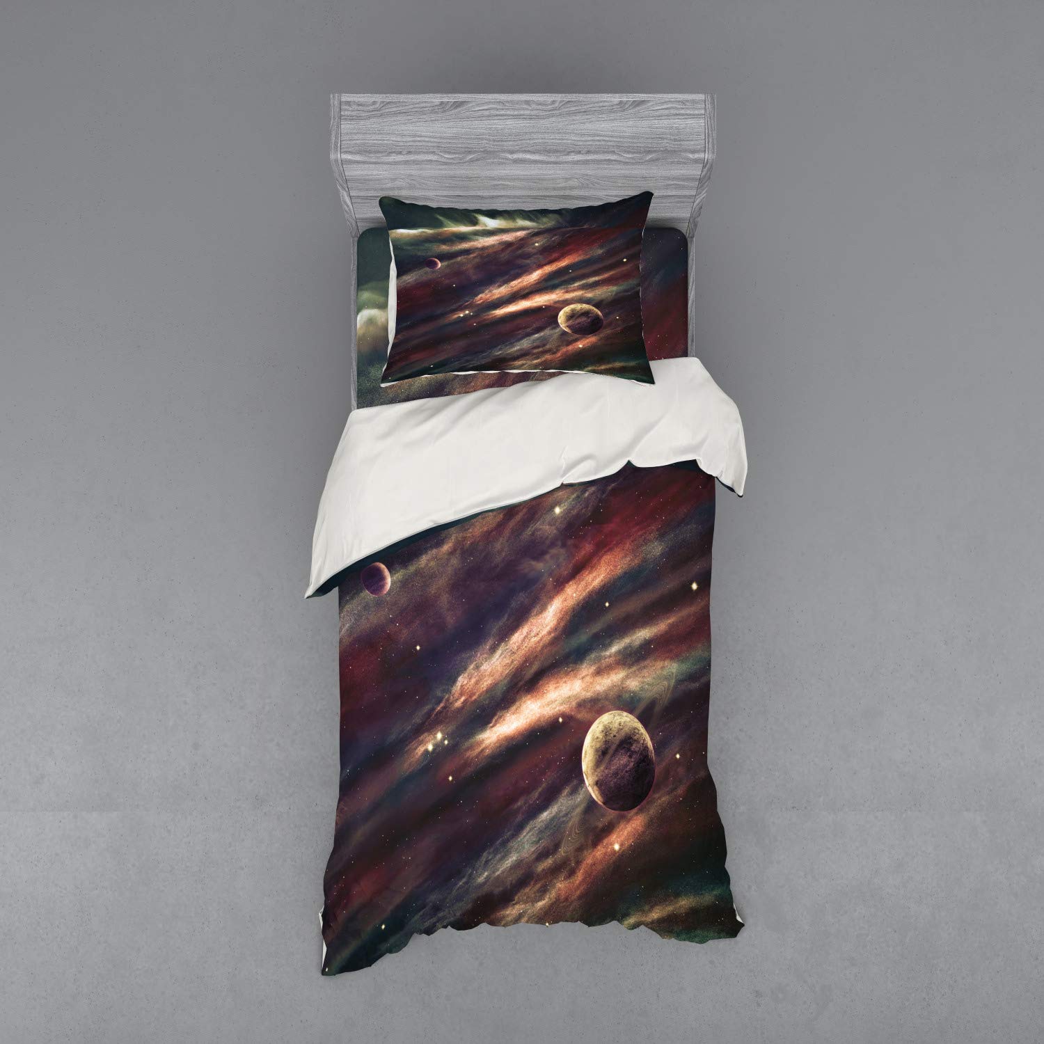 Ambesonne Outer Space Duvet Cover Set - 3 Piece Twin Size Bedding with Sham & Fitted Sheet | Planets, Nebula Gas Cloud & Galaxy Star Design in Dried Rose Ivory | Perfect for Kids' Rooms, Space Themed Bedrooms & Sci-Fi Decor