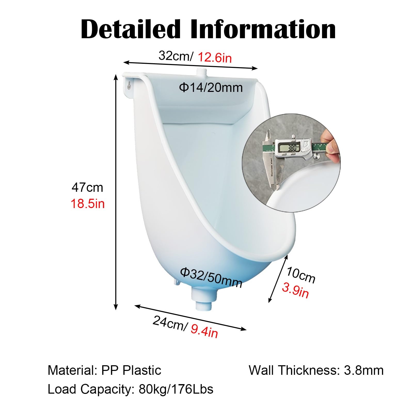 Wall Mounted Men's Urinal with Flushing System - Black Commercial Urinal for Public Restrooms, Factories, Schools & Prisons - Includes Mounting Accessories - Ideal for High-Traffic Bathrooms and Sanitary Facilities