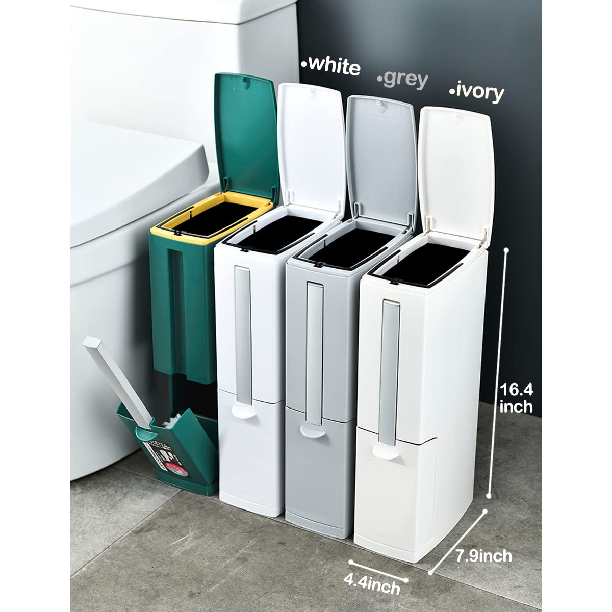 3-in-1 Slim Bathroom Trash Can with Pop-Up Lid & Built-in Brush Holder - 5 Liter Modern Rectangular Waste Bin for RV, Home, or Office - Press Top White/Ivory Garbage Can for Bathroom, Kitchen & Small Spaces