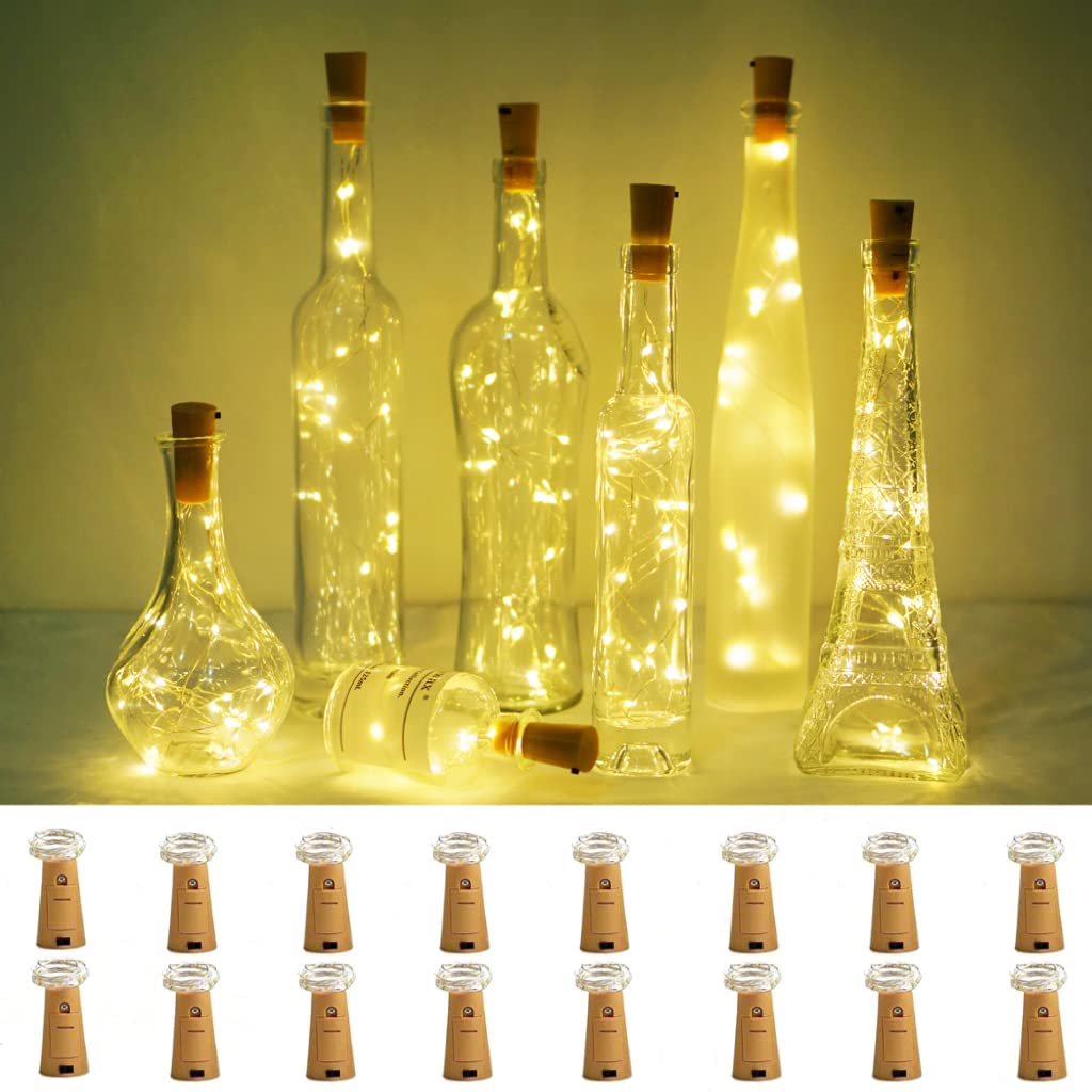 16 Pack Battery Operated Wine Bottle Lights with Cork - 20 LED Cork Shape Silver Wire Fairy String Lights for DIY, Party, Christmas, Wedding & Home Decor (Warm White) | Perfect for Table Centerpieces, Bar Lighting & Holiday Ambiance