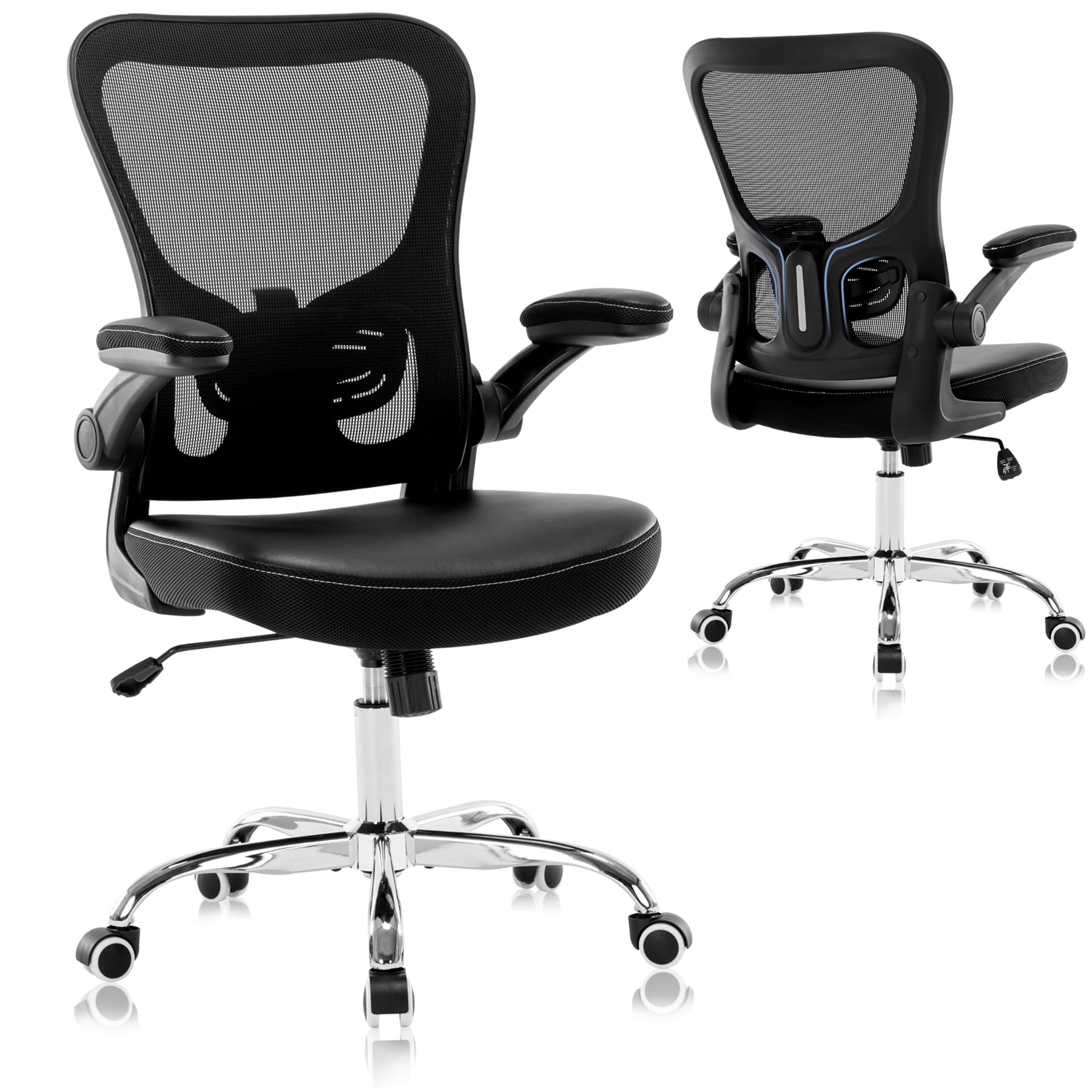Ergonomic Office Chair with Lumbar Support - Adjustable Mesh Computer Desk Chair with PU Leather Flip-Up Armrests - Mid Back Executive Task Chair with Rolling Swivel Wheels - Perfect for Home Office, Gaming & Workspaces (Black)