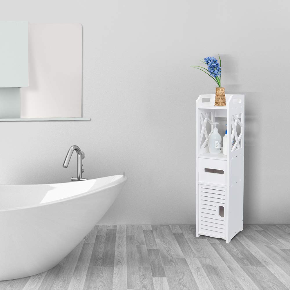 Waterproof Bathroom Floor Cabinet - 7.09 x 7.87 x 31.49 Inch Multi-Compartment Storage Organizer Rack (Style B) for Bath Towels, Toiletries & Cleaning Supplies - Perfect for Small Bathrooms, Laundry Rooms & Closets