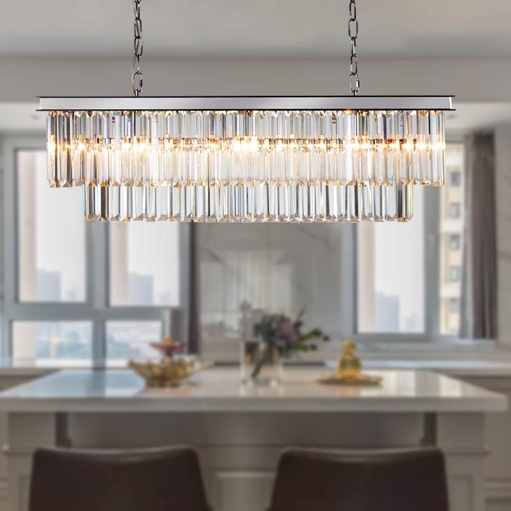 Luxury Modern Chrome Rectangular Crystal Chandelier - 8-Light Pendant Ceiling Light Fixture for Dining Room, Kitchen Island | Elegant Lighting for Home Decor, Wedding Venues & Luxury Restaurants