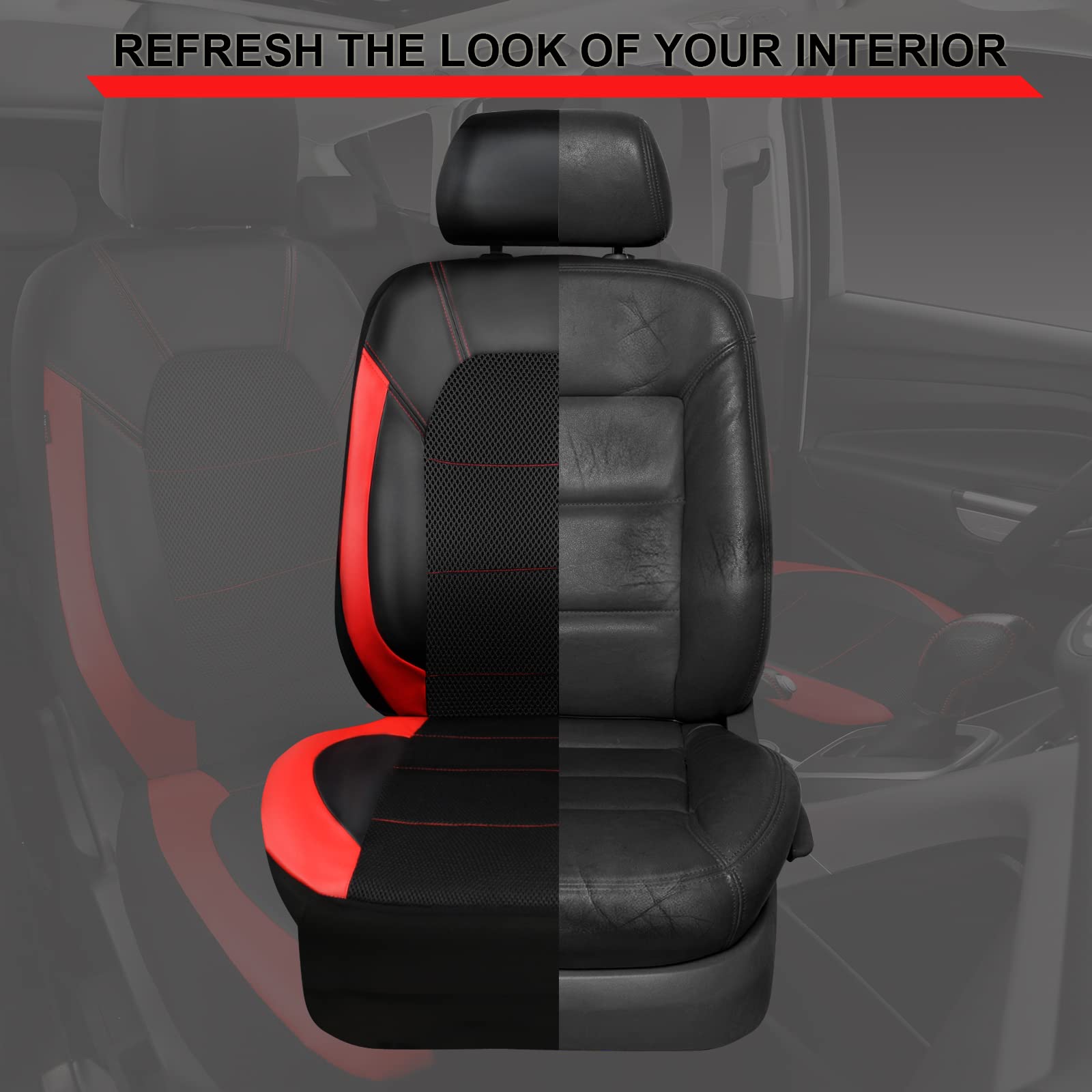 Premium Leather Car Seat Covers for Front Seats - 2 Pack Breathable Air Mesh Design, Universal Fit for Cars, SUVs, Trucks & Vans | Black & Red | Airbag Compatible | Perfect for Summer Comfort & Long Drives