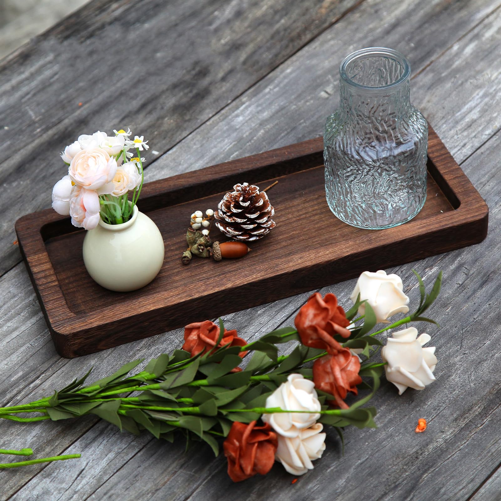 Wooden Decorative Tray Candle Holder - Long Wood Serving Tray for Home Decor, Centerpiece Plates for Coffee Table, Christmas & Holiday Decor - Perfect for Dining Table, Living Room & Seasonal Display