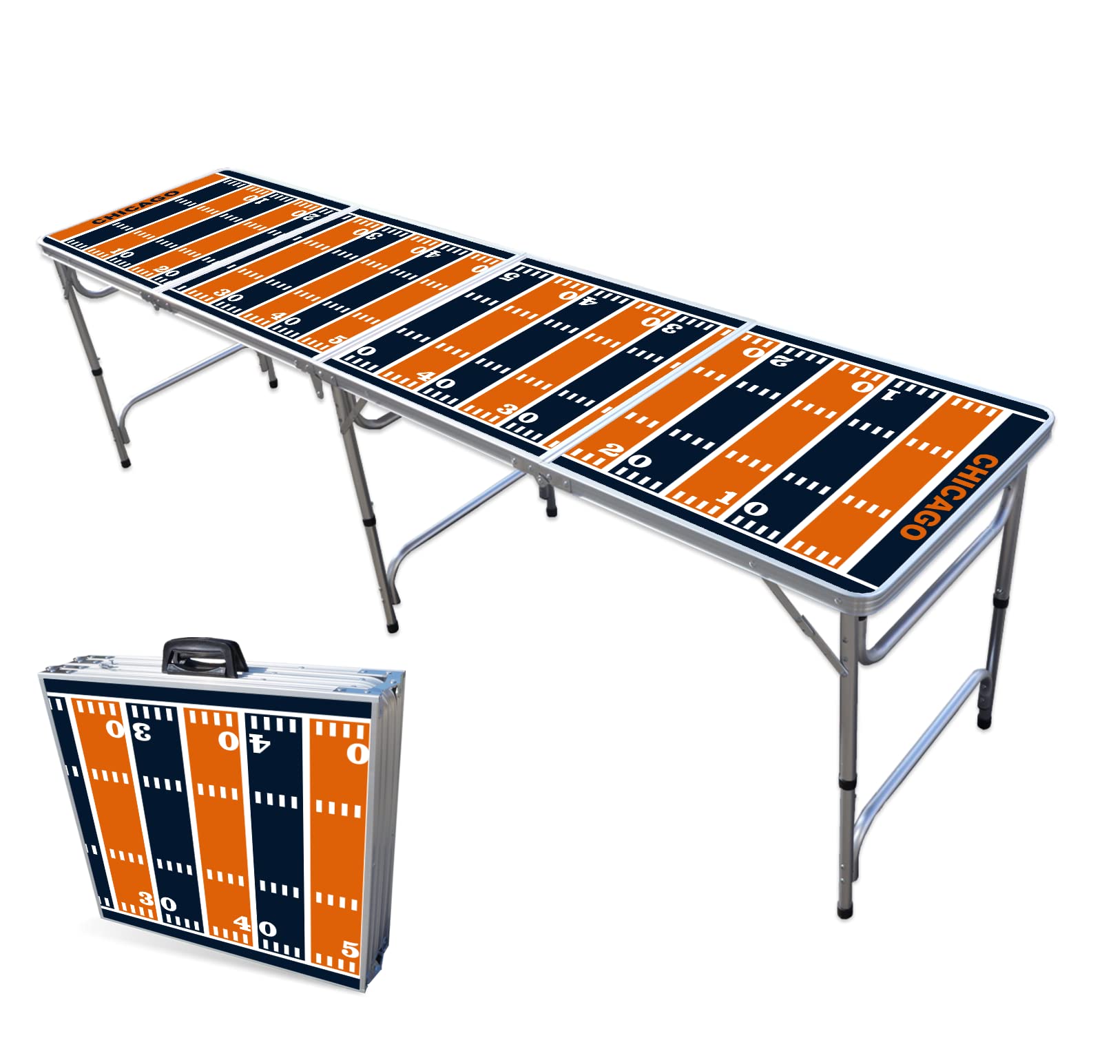 8-Foot Folding Portable Beer Pong Table with Optional Cup Holes & LED Lights - Chicago Football Field Design for Indoor/Outdoor Parties, Tailgates & Game Nights (Multiple Models Available)