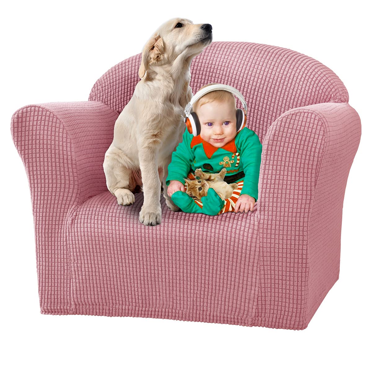 Stretch Jacquard Kids Sofa Cover - Mini Size Slipcover for Child's Chair, Armchair, Couch & Settee - Soft & Durable Toddler Furniture Protector (Pink) - Perfect for Playrooms, Daycares & Nursery Decor
