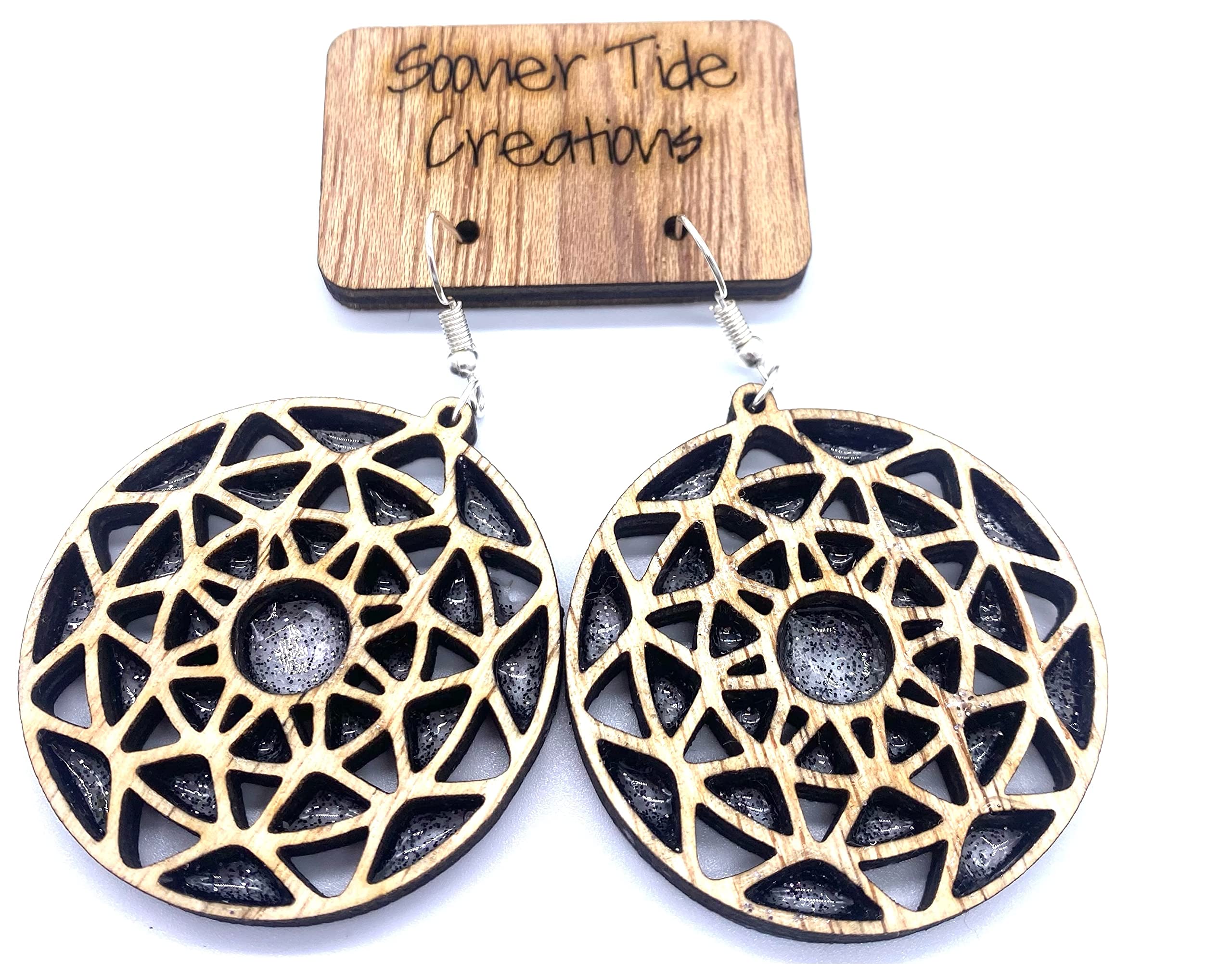 Handmade Wooden Mandala Earrings with Sparkling Resin Accents - Dangling Boho Style Hypoallergenic Shepherd's Hook Earrings - USA Made Jewelry for Women, Perfect for Festivals, Parties & Boho Fashion
