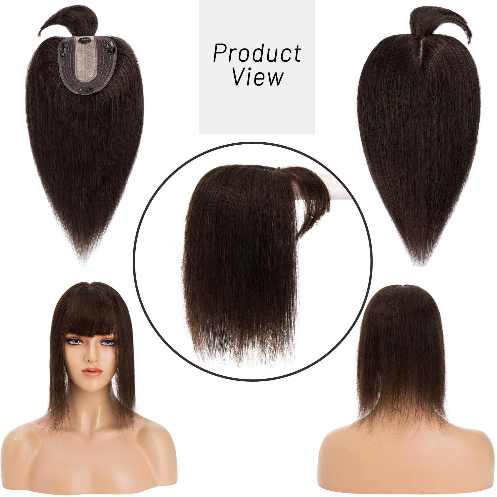 Premium 130% Density Human Hair Toppers with Bangs - Hand-Tied Silk Base Clip-In Hairpiece for Women with Thinning Hair | Hair Loss Solution & Gray Coverage | 14 Inch 45g Dark Brown | Perfect for Daily Wear, Special Occasions & Styling Versatility