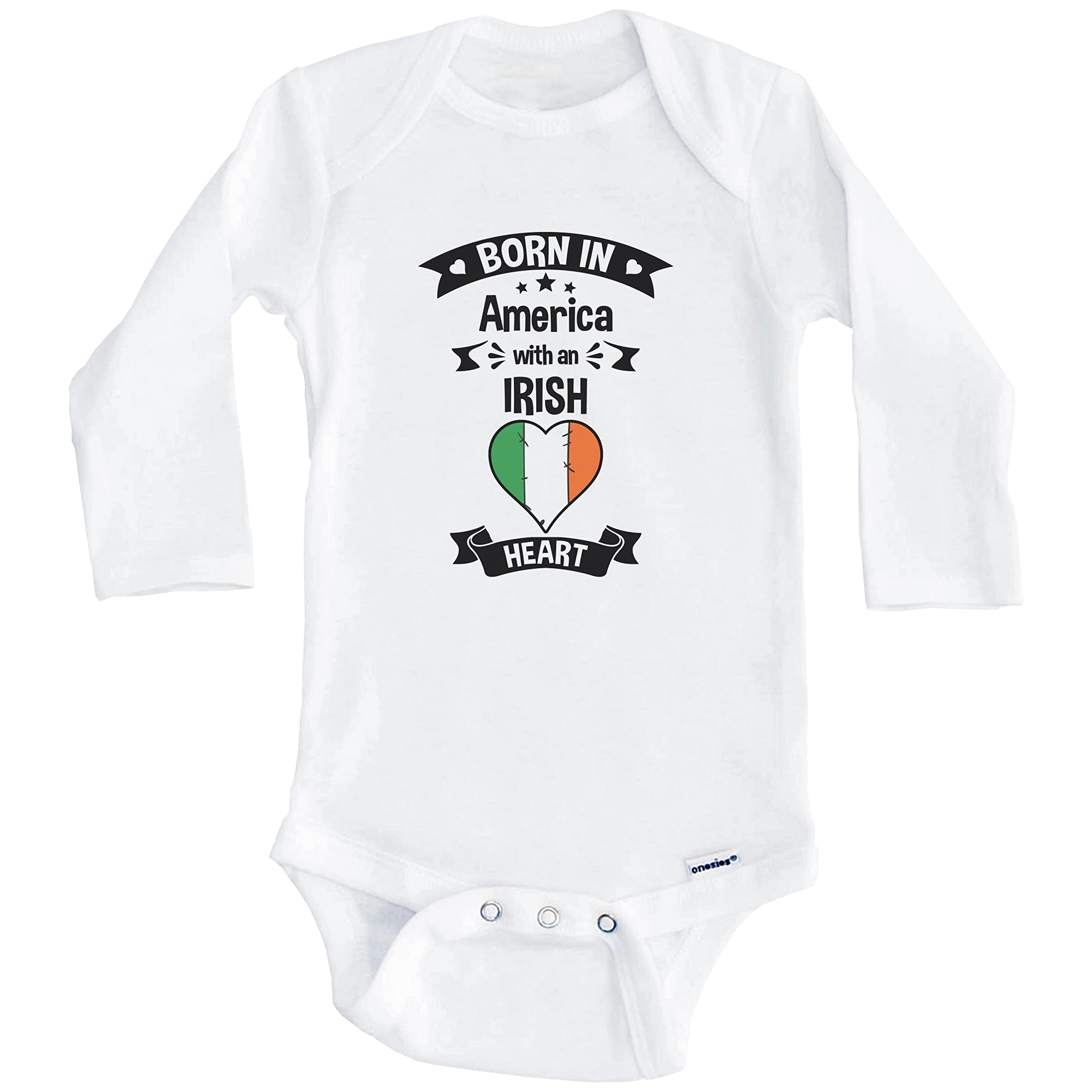 Born in America with an Irish Heart One Piece Baby Bodysuit - Long Sleeve Infant Romper for St. Patrick's Day & Irish Heritage Celebrations