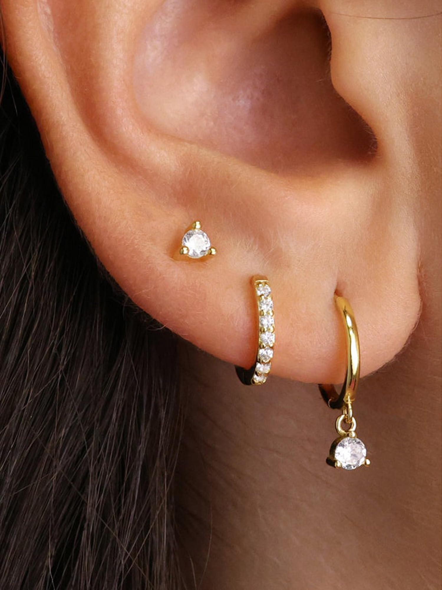14K Gold Plated Sterling Silver Earrings Set for Women - 3 Pairs Stud, Drop Dangle, Ear Climber & Huggie Hoop Earrings | Hypoallergenic, Elegant Jewelry for Daily Wear, Parties & Gifts