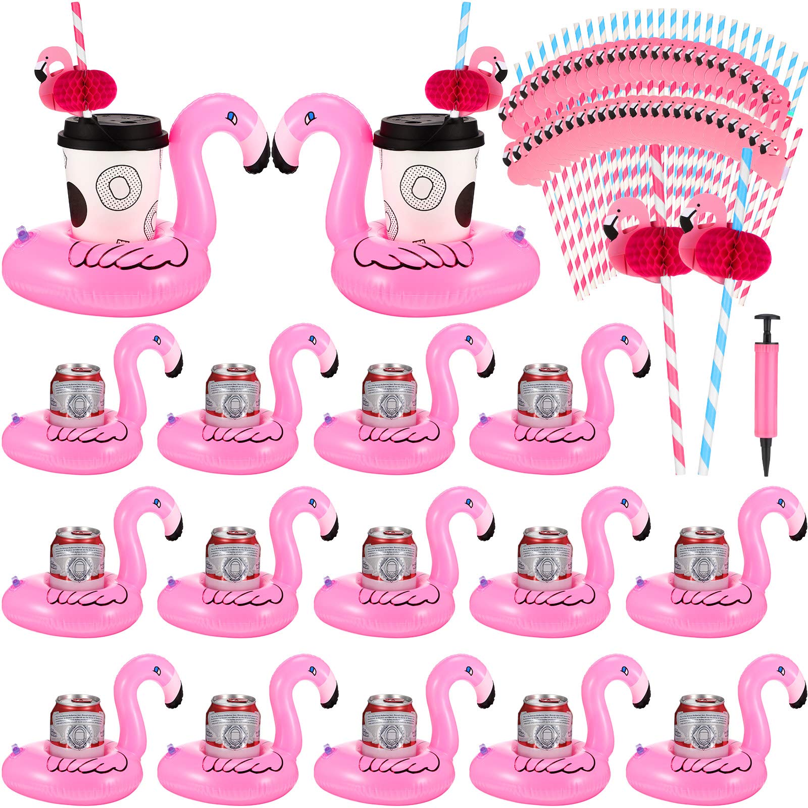 67 Pcs Flamingo Inflatable Drink Holder Set - 16 Floating Cup Holders for Pool with 50 Decorative Paper Straws & Mini Pump - Perfect for Pool Parties, Beach Gatherings & Summer BBQs